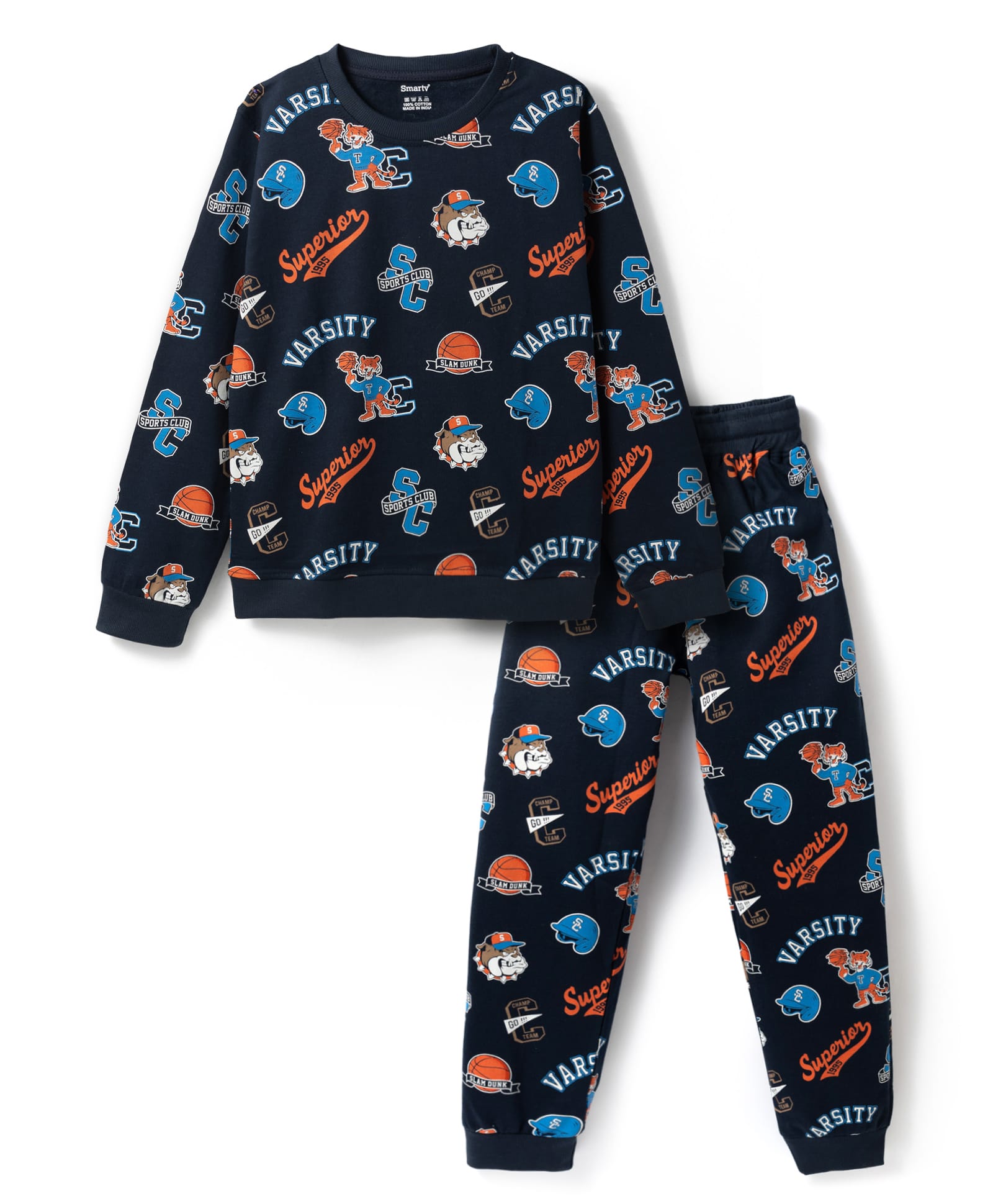Smarty Boys Looper Knit Full Sleeves Winter Wear T-Shirt & Pajama Night Suit with Varsity Print - Navy Blue-picture-27