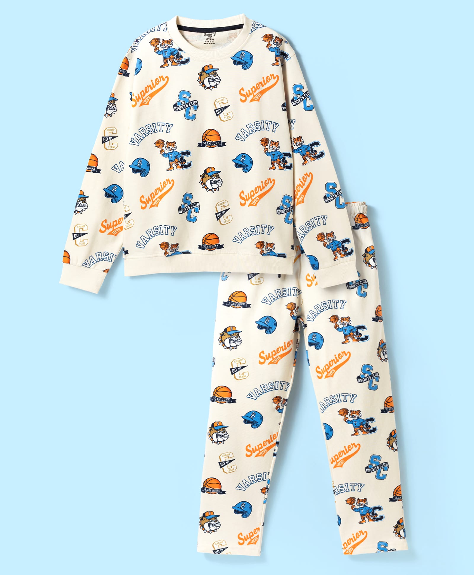 Smarty Boys Looper Knit Full Sleeves Winter Wear T-Shirt & Pajama Night Suit with Varsity Print - Cream-picture-7