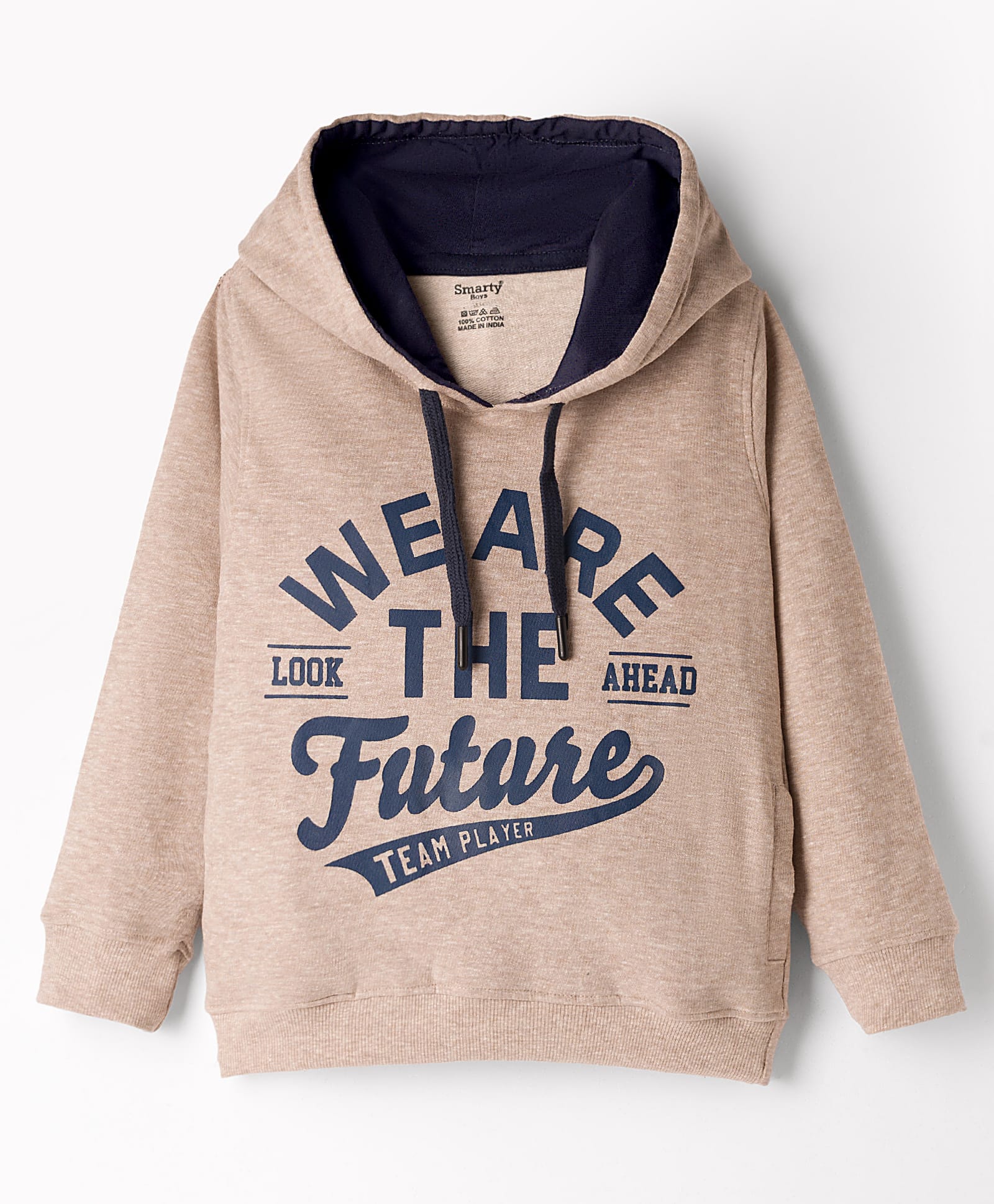 Smarty Boys Looper Knit Full Sleeves Hooded Sweatshirt with Text Print - Tan-picture-19