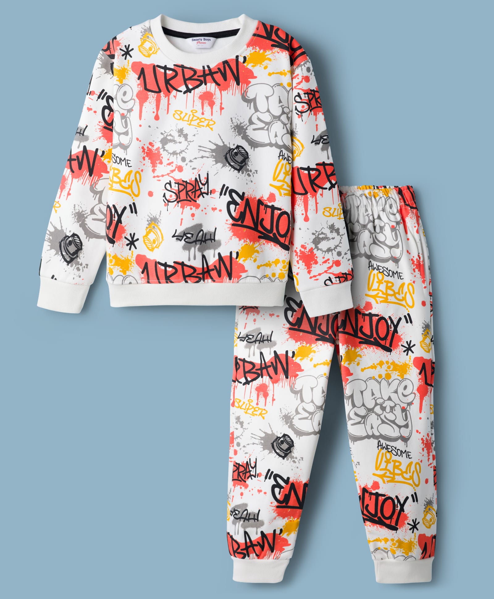 Smarty Boys Fleece Knit Full Sleeves Winter Wear T-Shirt & Pyjama Co-ord Night Suit with Text Print - White-picture-24