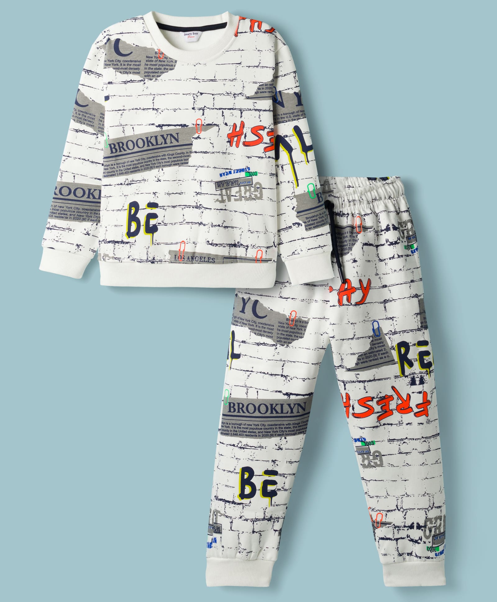 Smarty Boys Fleece Knit Full Sleeves Winter Wear T-Shirt & Pyjama Co-ord Night Suit With Text Print - White-picture-12
