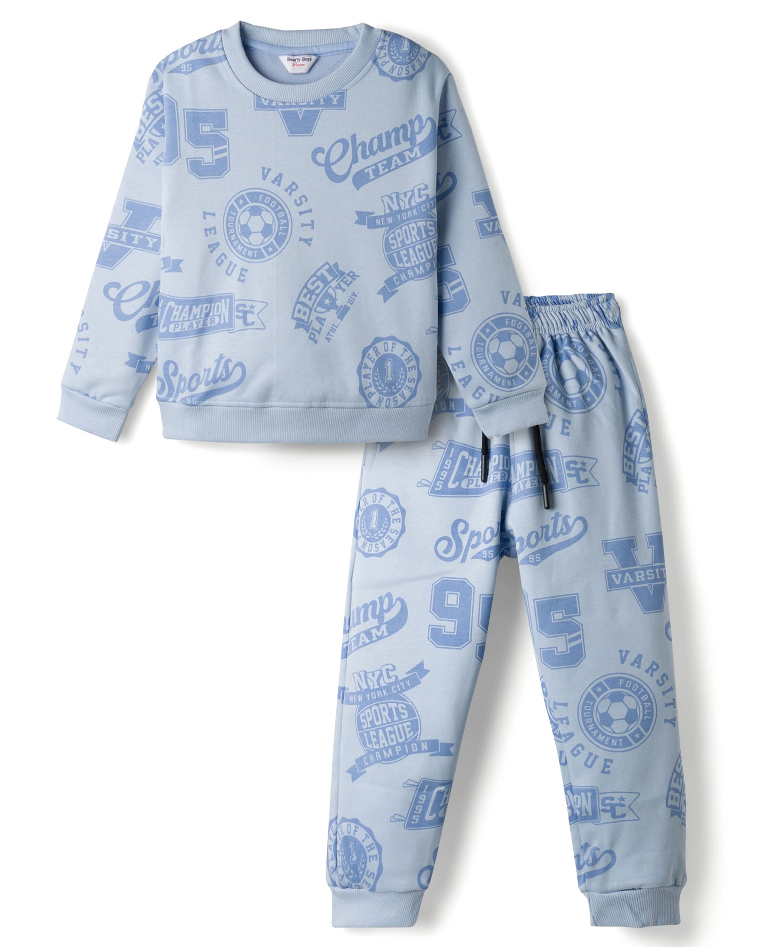 Smarty Boys Fleece Knit Full Sleeves Winter Wear T-Shirt & Pyjama Co-ord Night Suit with Sports Print - Blue-image-44