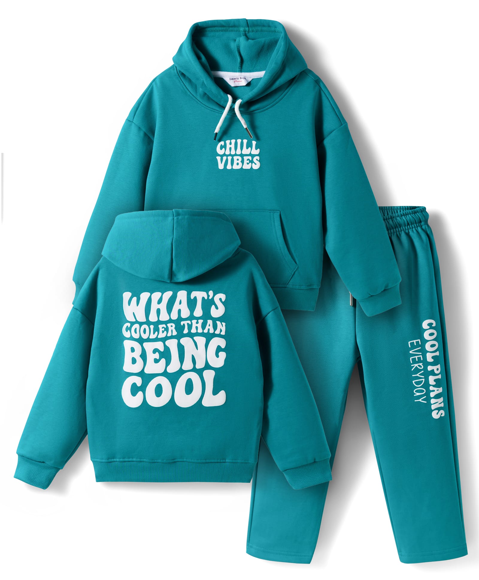 Smarty Boys Fleece Knit Full Sleeves Winter Wear Hooded T-Shirt & Pyjama Night Suit with Front & Back Text Print - Mint Green-image-1