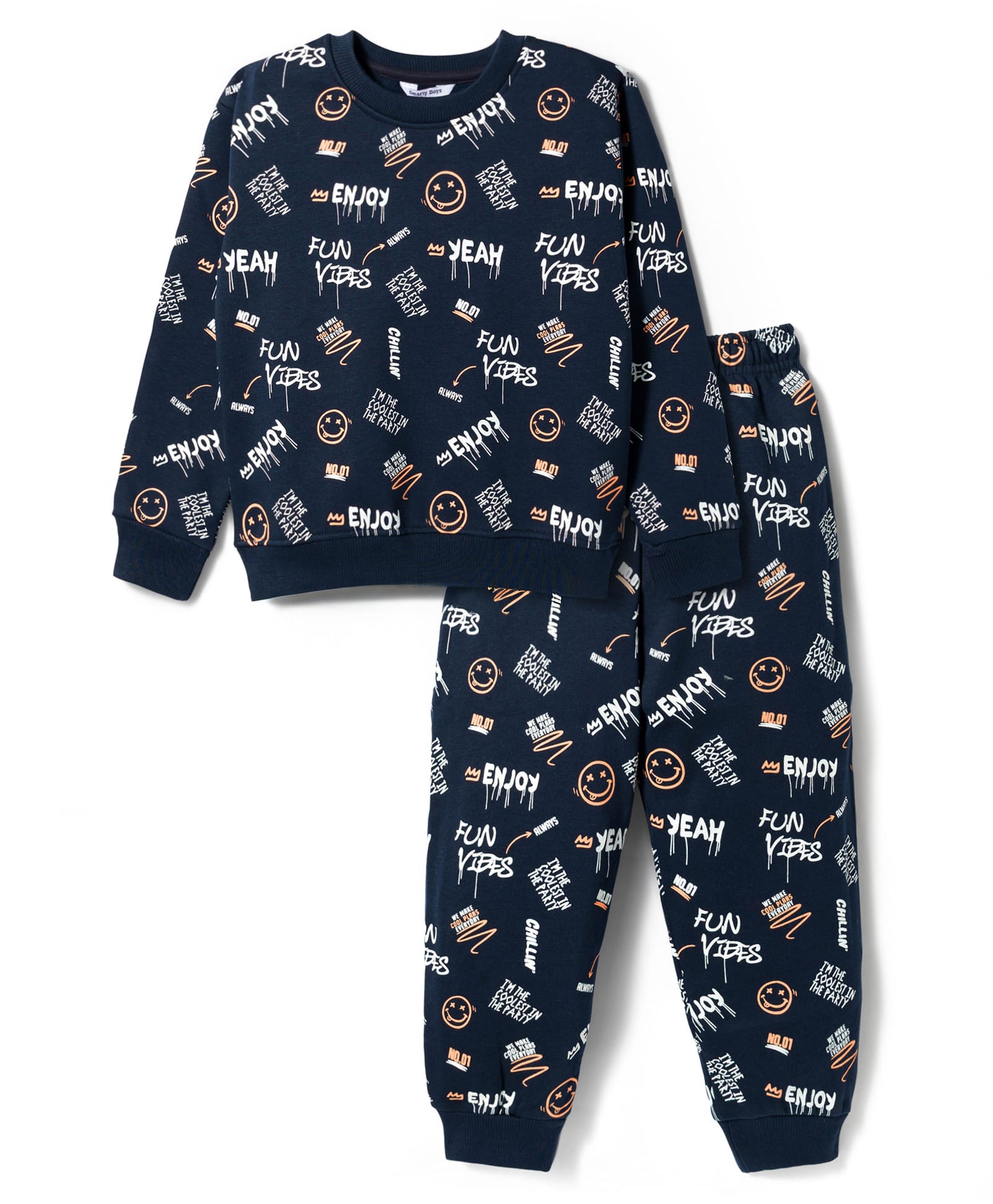 Smarty Boys Looper Knit Full Sleeves Co-ords Winter Night Suit with Fun Vibes Print - Navy Blue-picture-21