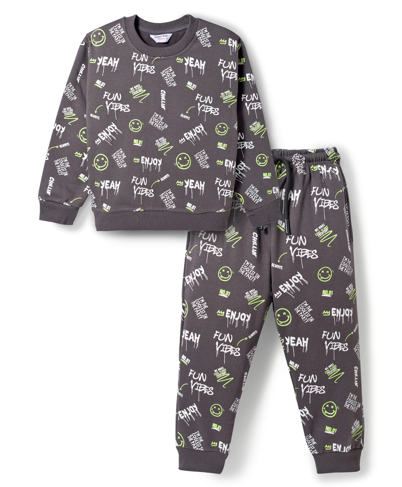 Smarty Boys Looper Knit Full Sleeves Co-ords Winter Night Suit with Fun Vibes Print - Charcoal Grey-picture-9