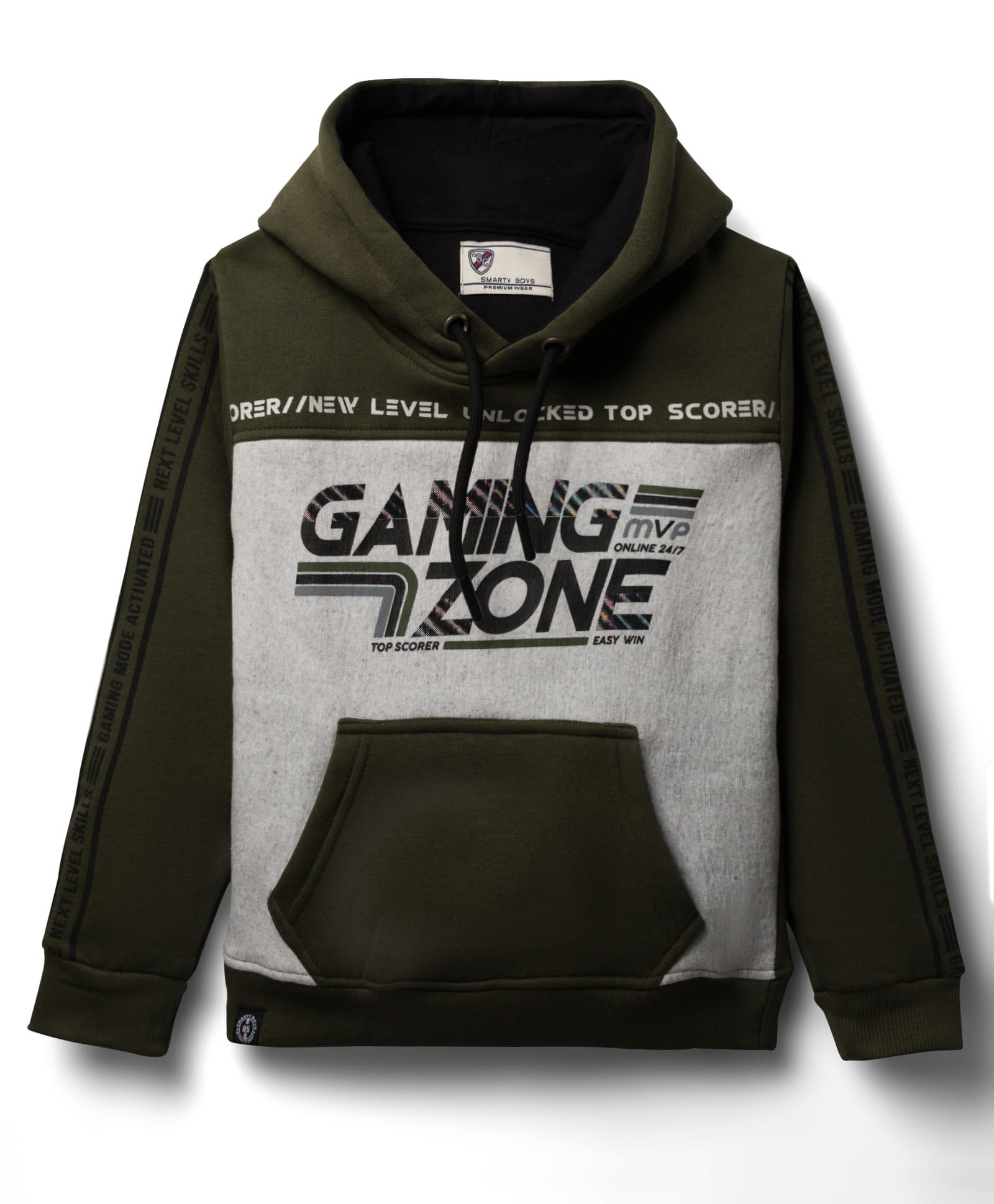 Smarty Boys Fleece Knit Full Sleeves Hooded Sweatshirt with Gaming Print & Kangaroo Pockets - Olive Green