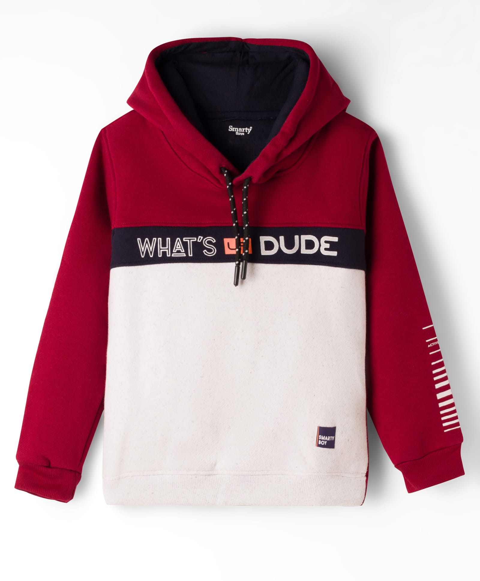 Smarty Boys Fleece Knit Full Sleeves Cut & Sew Hooded Sweatshirt with What's Up Dude Print - Maroon