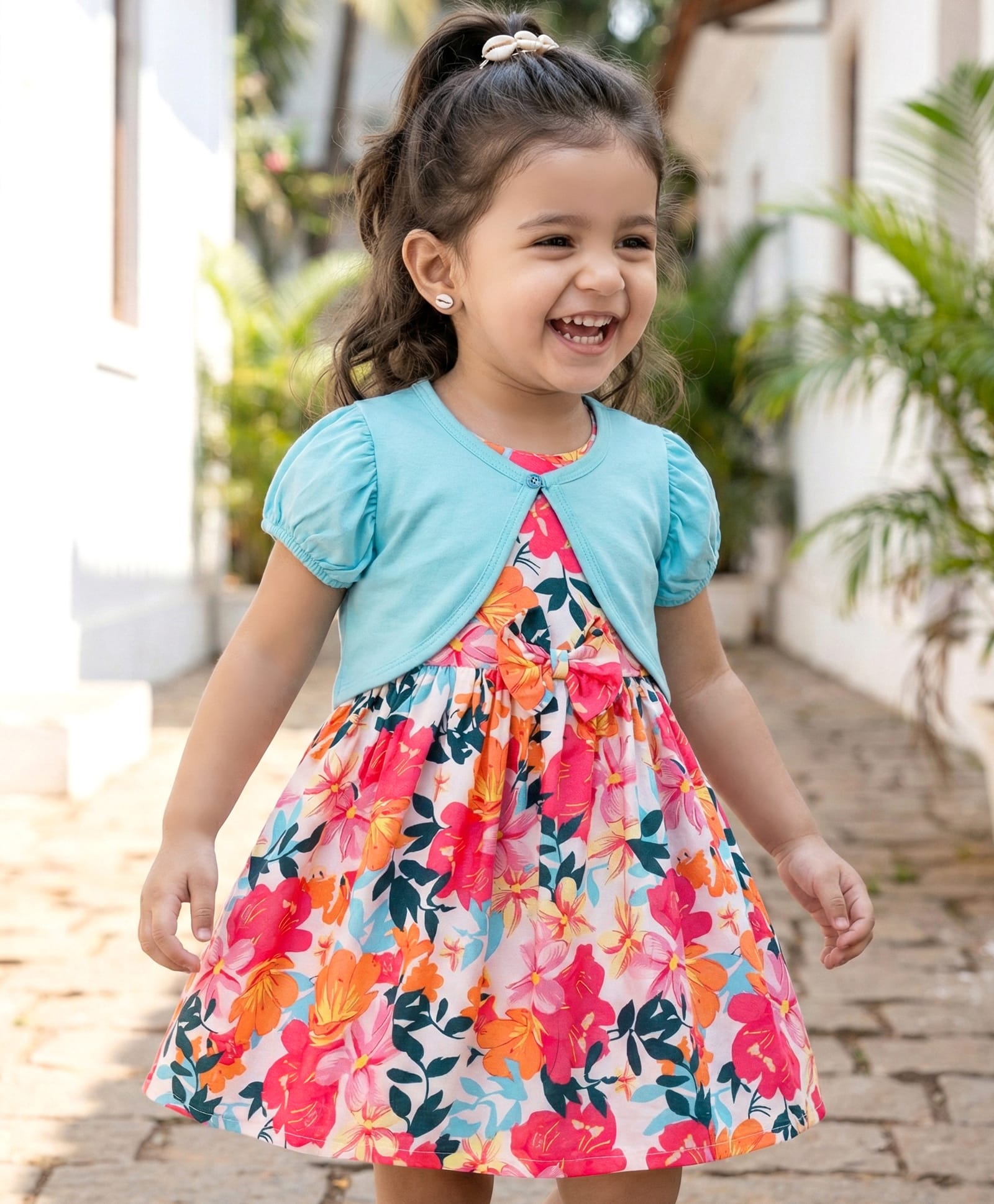 Babyhug 100% Cotton Woven Half Sleeves Floral Printed Frock With Shrug - Multicolour-image-19