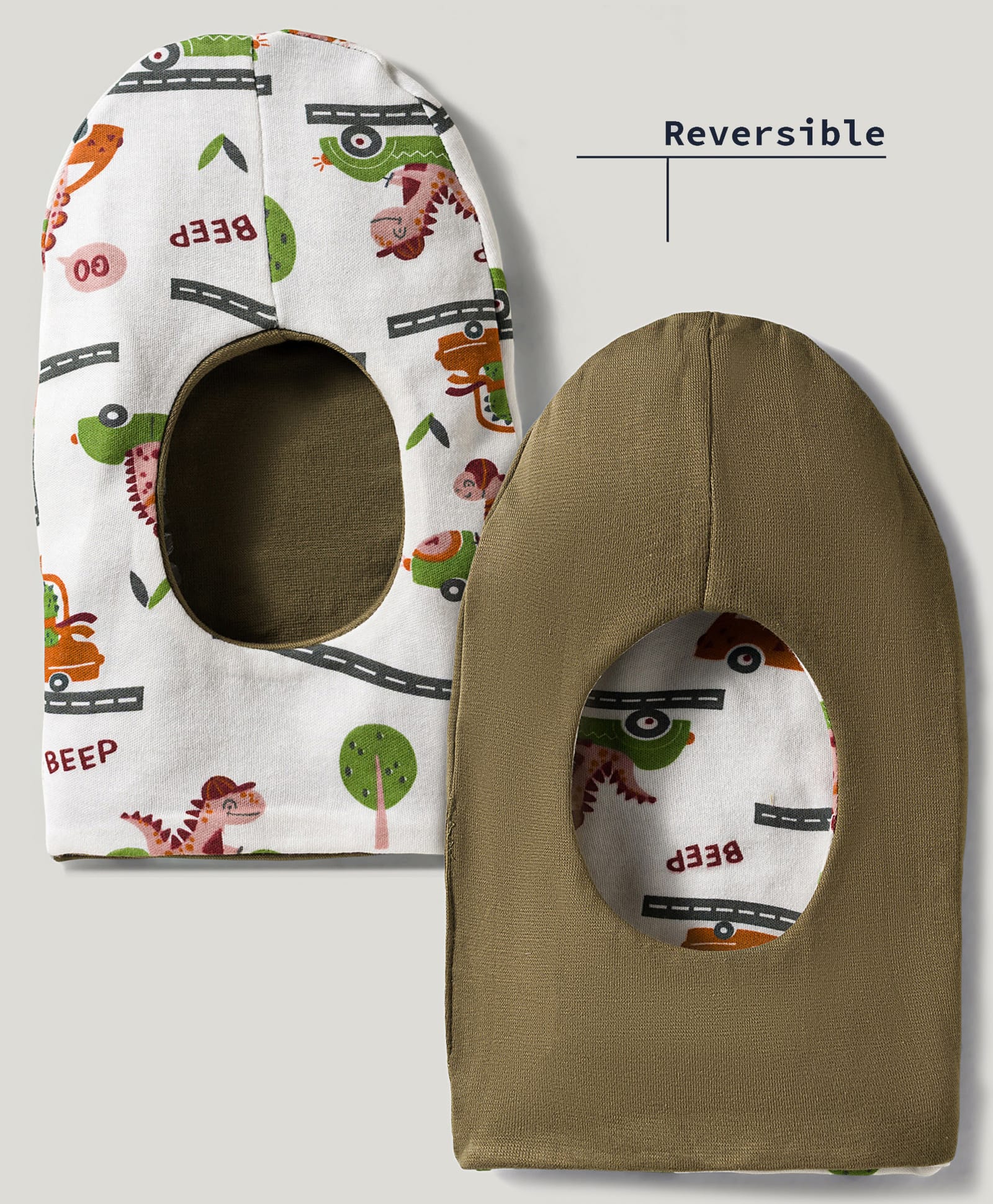 OHMS Interlock knit Reversible Monkey Cap With Dino Print White - Diameter 11 cm