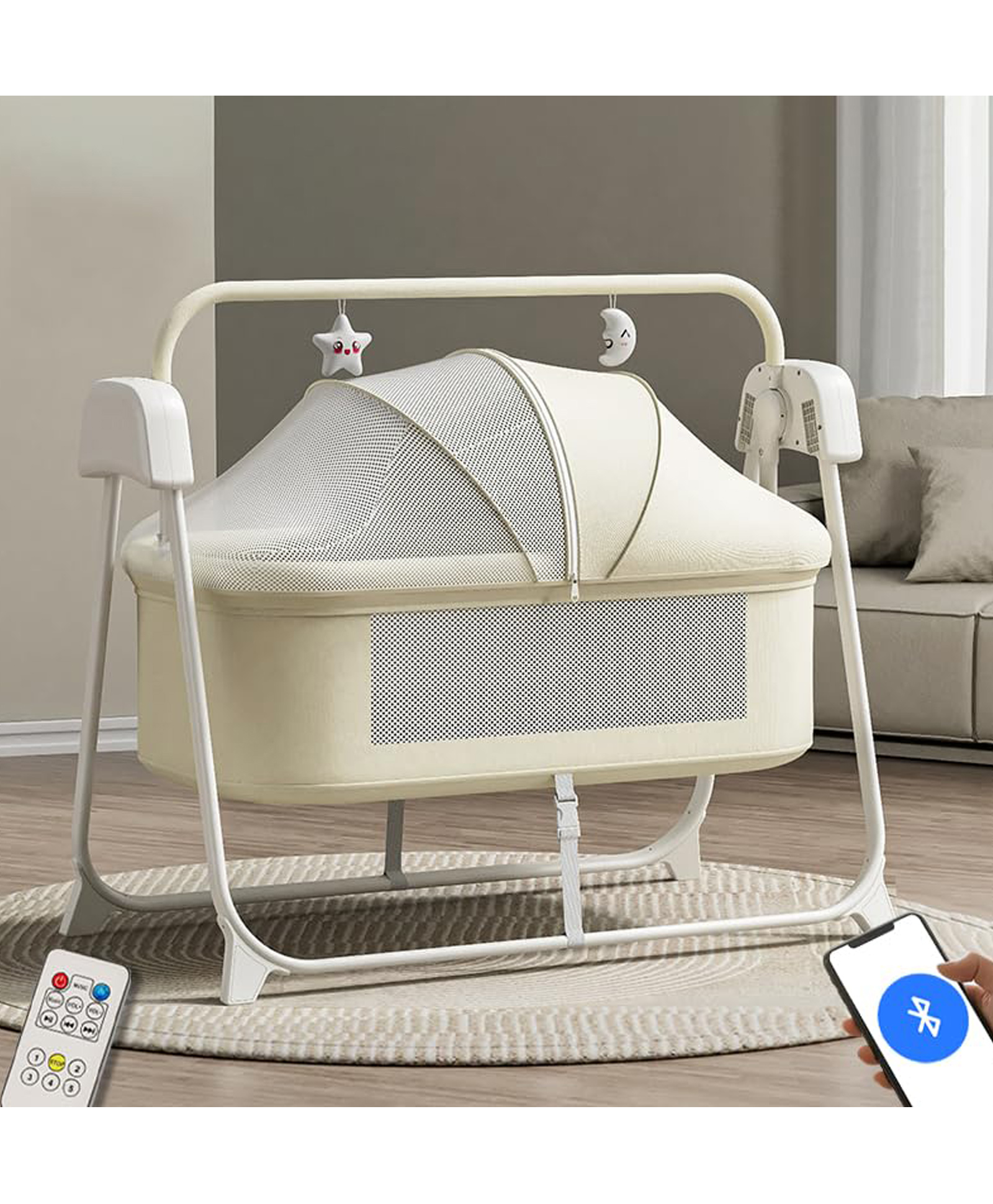 Infantso Smart Electric Baby Cradle Swing - Bluetooth & Remote Control, Customizable Swing Time,Adjustable 5-Speeds, Automatic Swing Cradle Palna/Jhula -Beige