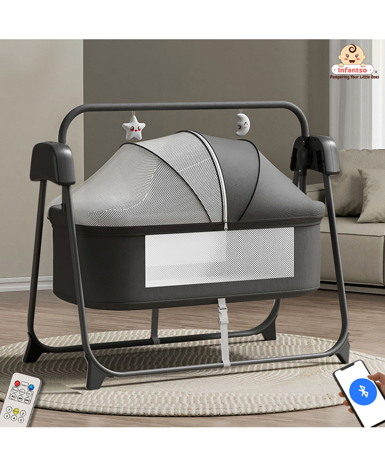 Infantso Smart Electric Baby Cradle Swing - Bluetooth & Remote Control, Customizable Swing Time,Adjustable 5-Speeds, Automatic Swing Cradle Palna/Jhula -Dark Grey-image-25