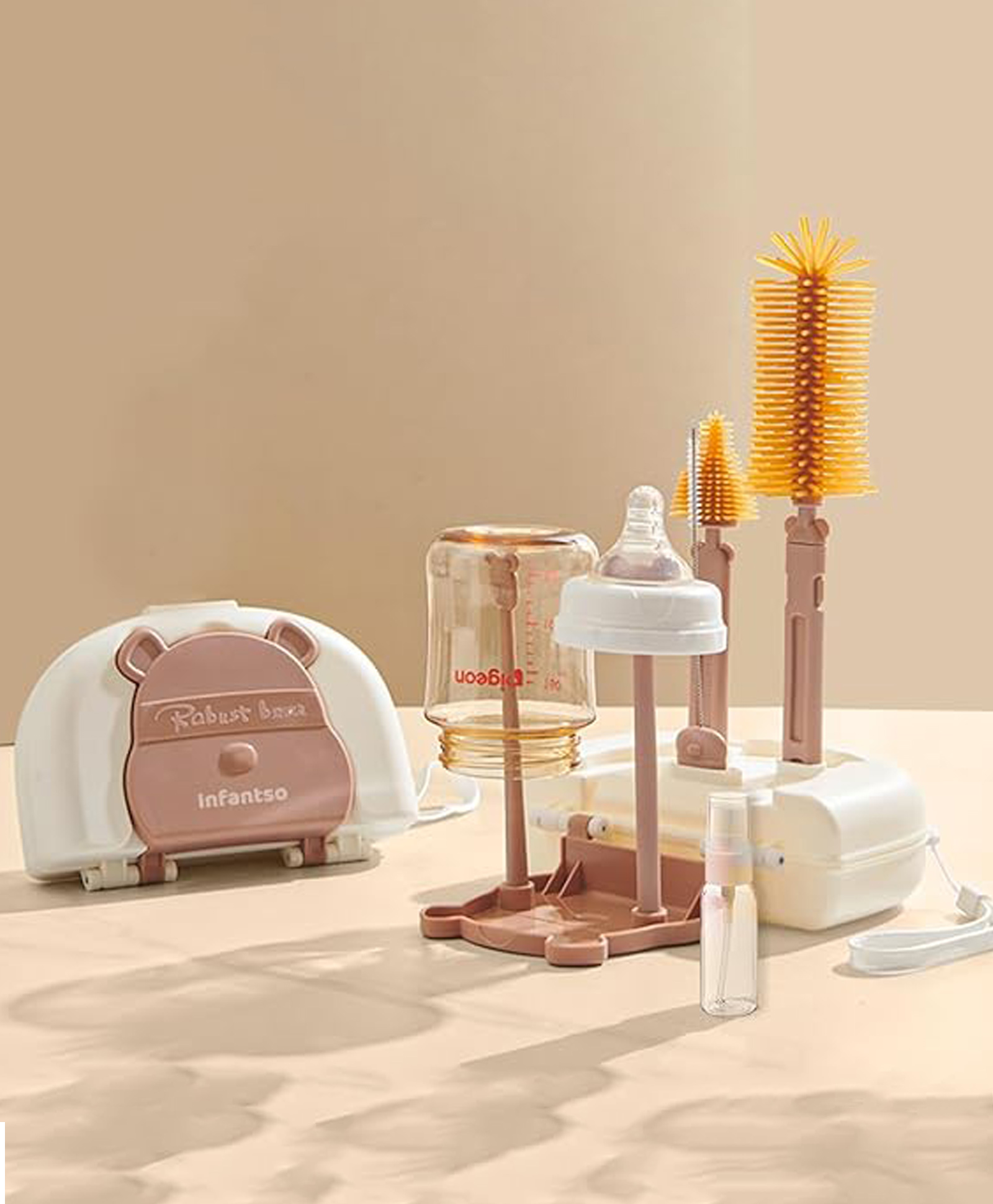 Infantso Robust Bear 6-in-1 Baby Bottle Cleaning Brush Set with Foldable Drying Rack with BPA-Free Silicone Bristles -Brown-image-19