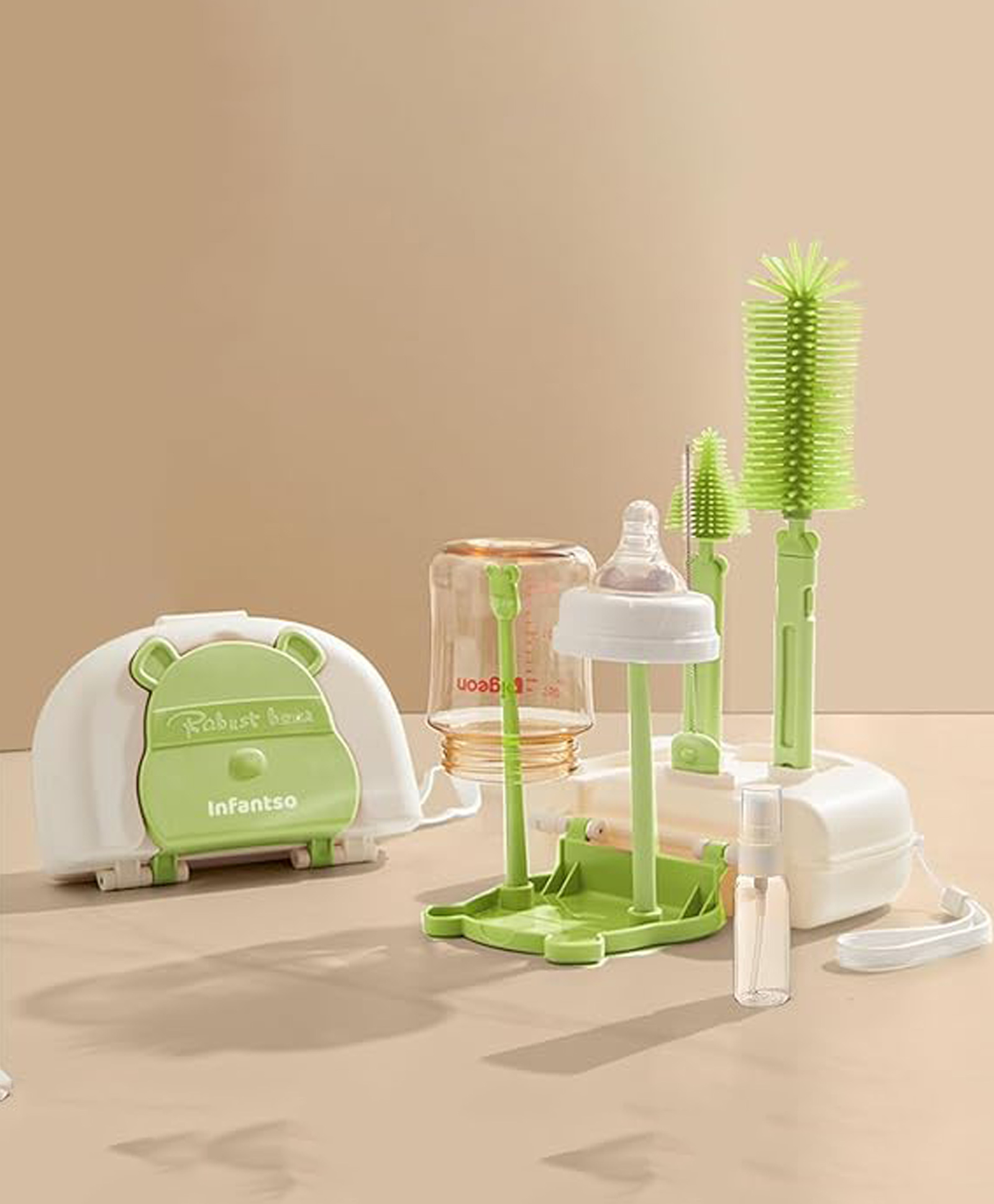Infantso Robust Bear 6-in-1 Baby Bottle Cleaning Brush Set with Foldable Drying Rack with BPA-Free Silicone Bristles -Green-image-20