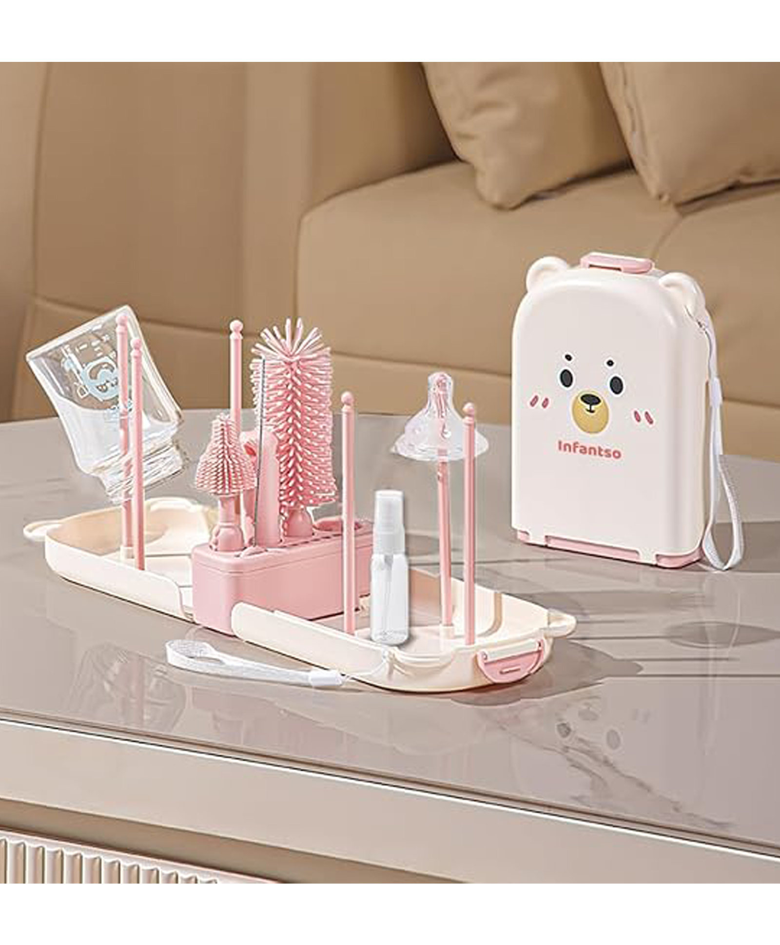 Infantso Foam-O (10-in-1) Baby Bottle Cleaning Brush Set - BPA-Free Silicone Bristles -Pink-picture-22