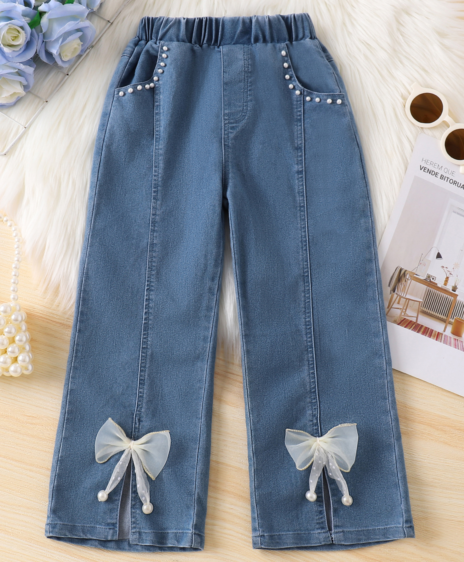 Mark & Mia Full Length Washed Jeans with Pearl Detailing & Bow Applique - Blue