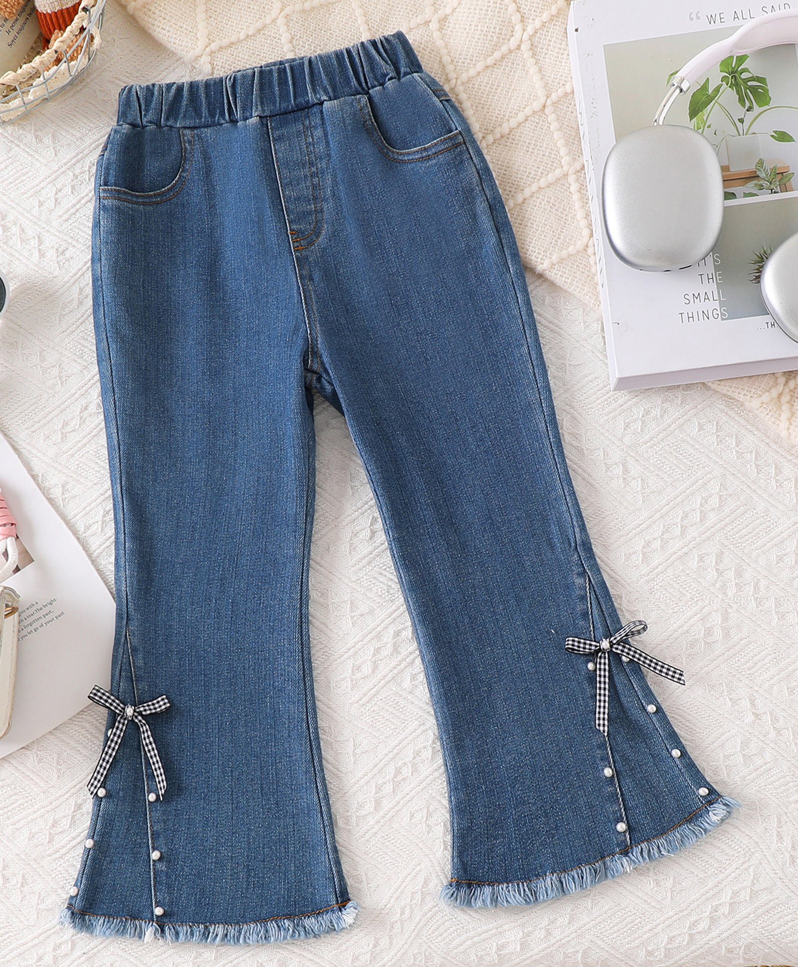 Mark & Mia Full Length Washed Jeans with Pearl Detailing & Bow Applique - Blue