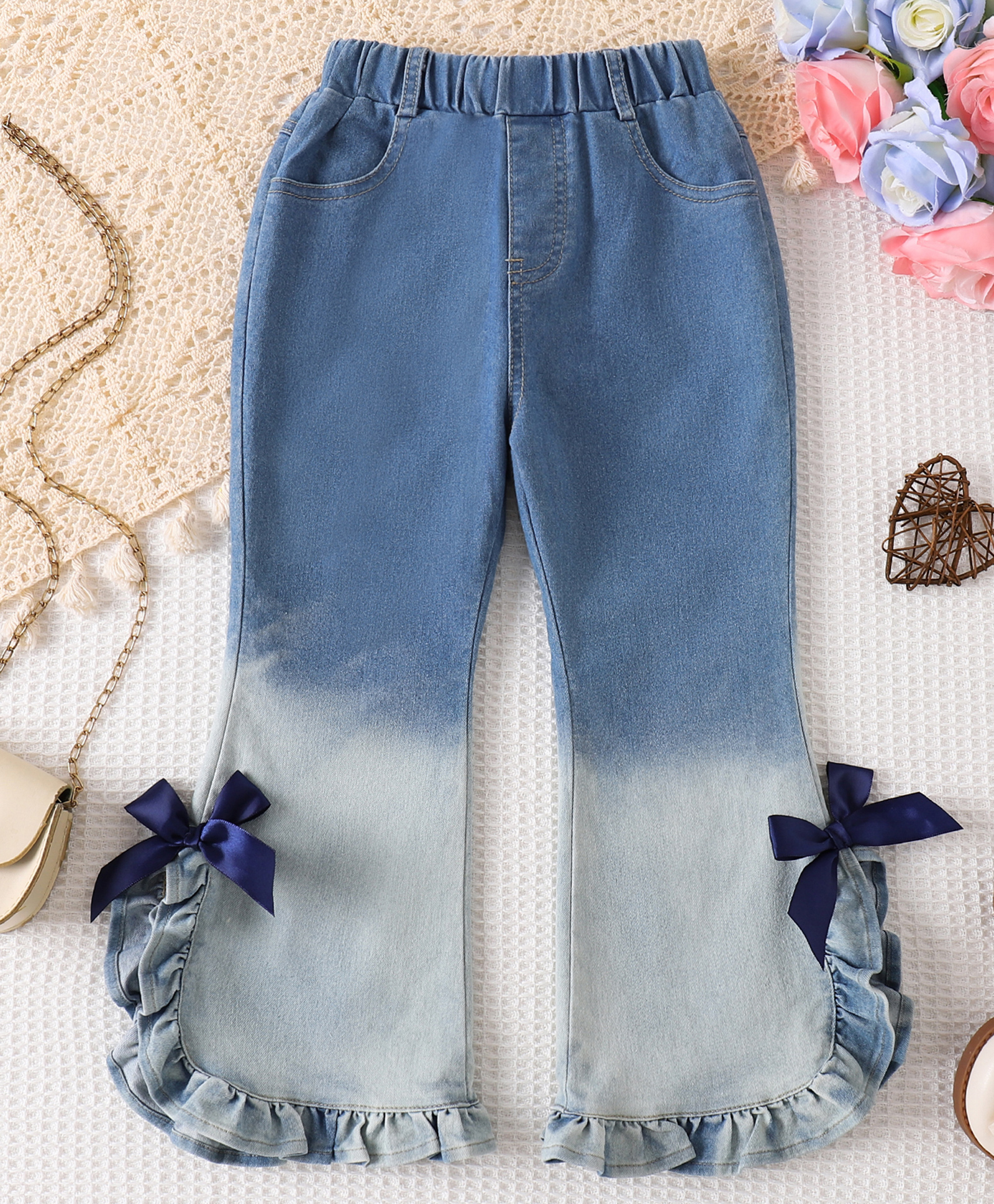 Mark & Mia Full Length Washed Jeans with Bow Applique - Blue-image-7