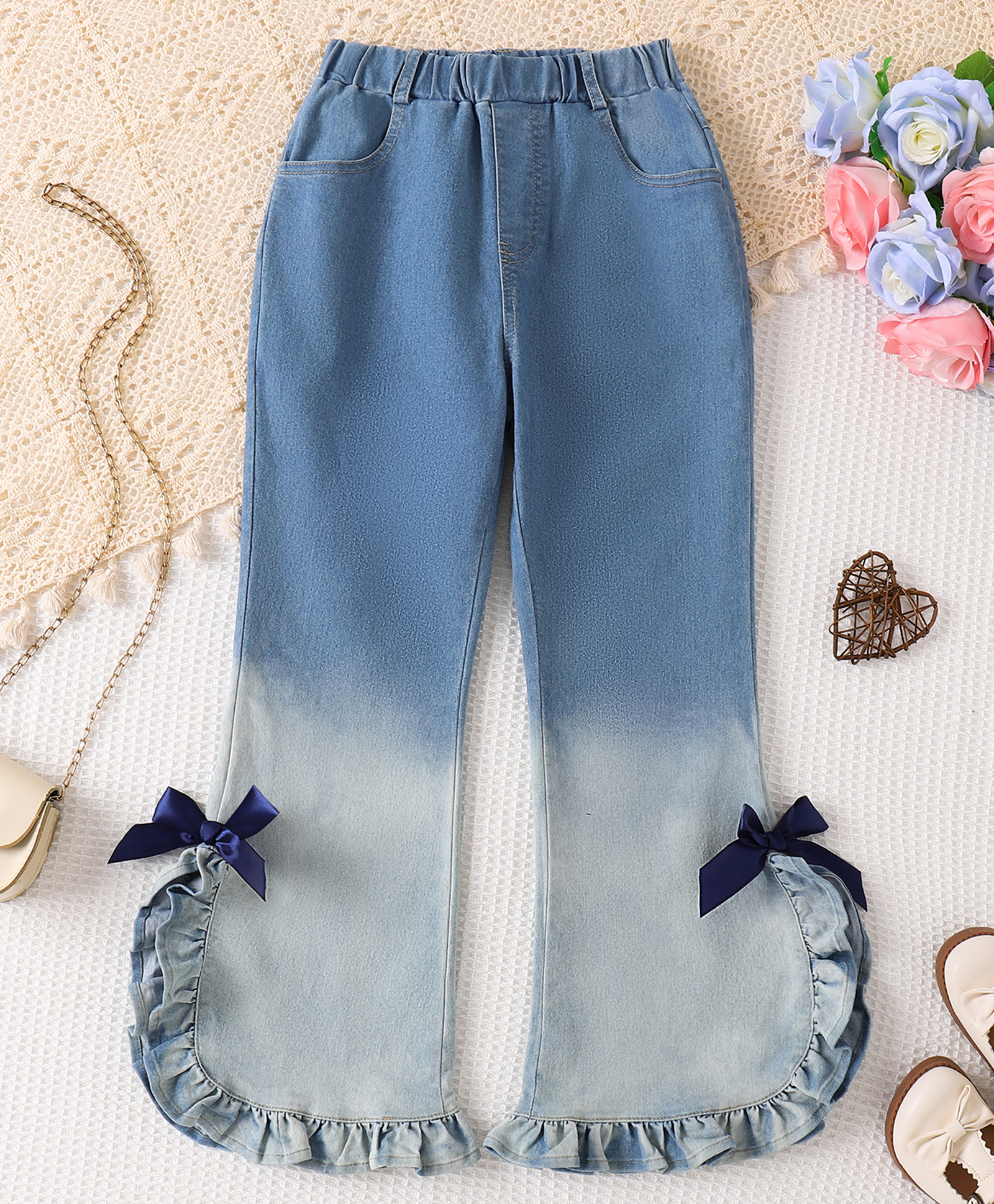 Mark & Mia Full Length Washed Jeans with Bow Applique - Blue-picture-12