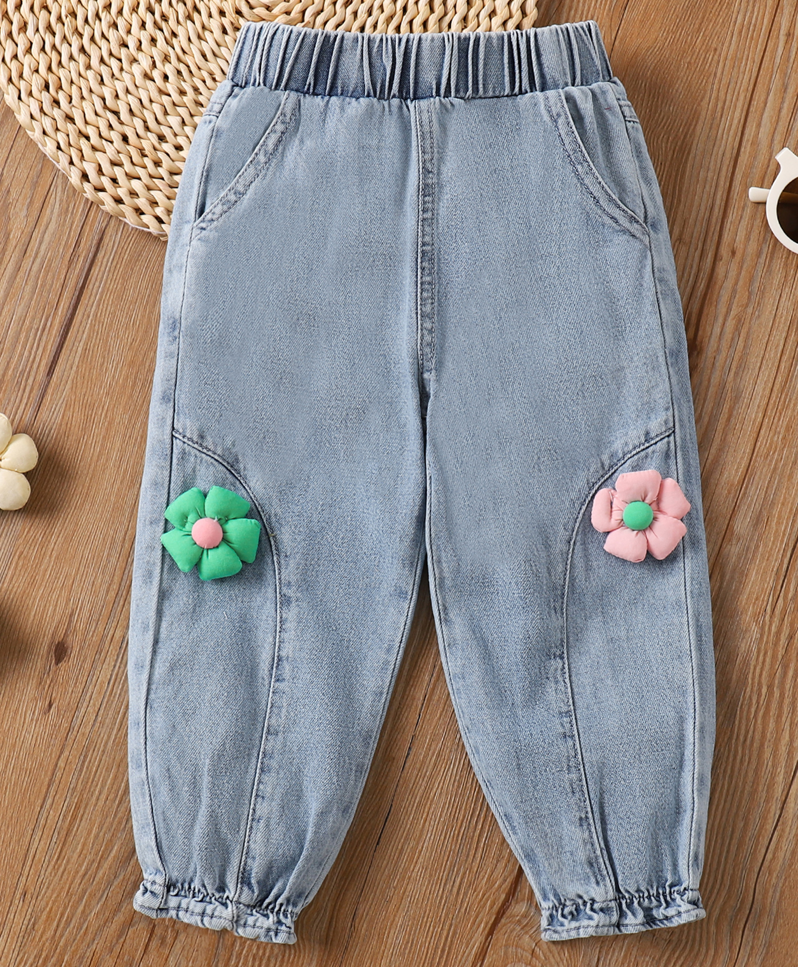 Mark & Mia Full Length Washed Jeans with Floral Applique - Blue