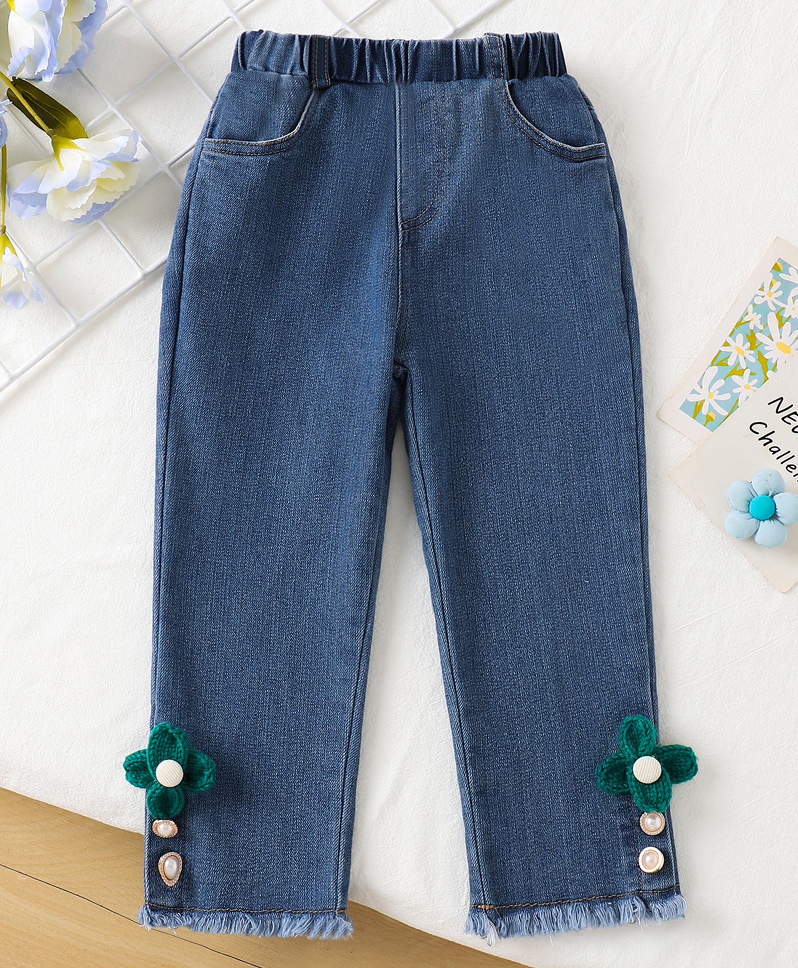 Mark & Mia Full Length Washed Jeans with Floral Applique - Blue-picture-22