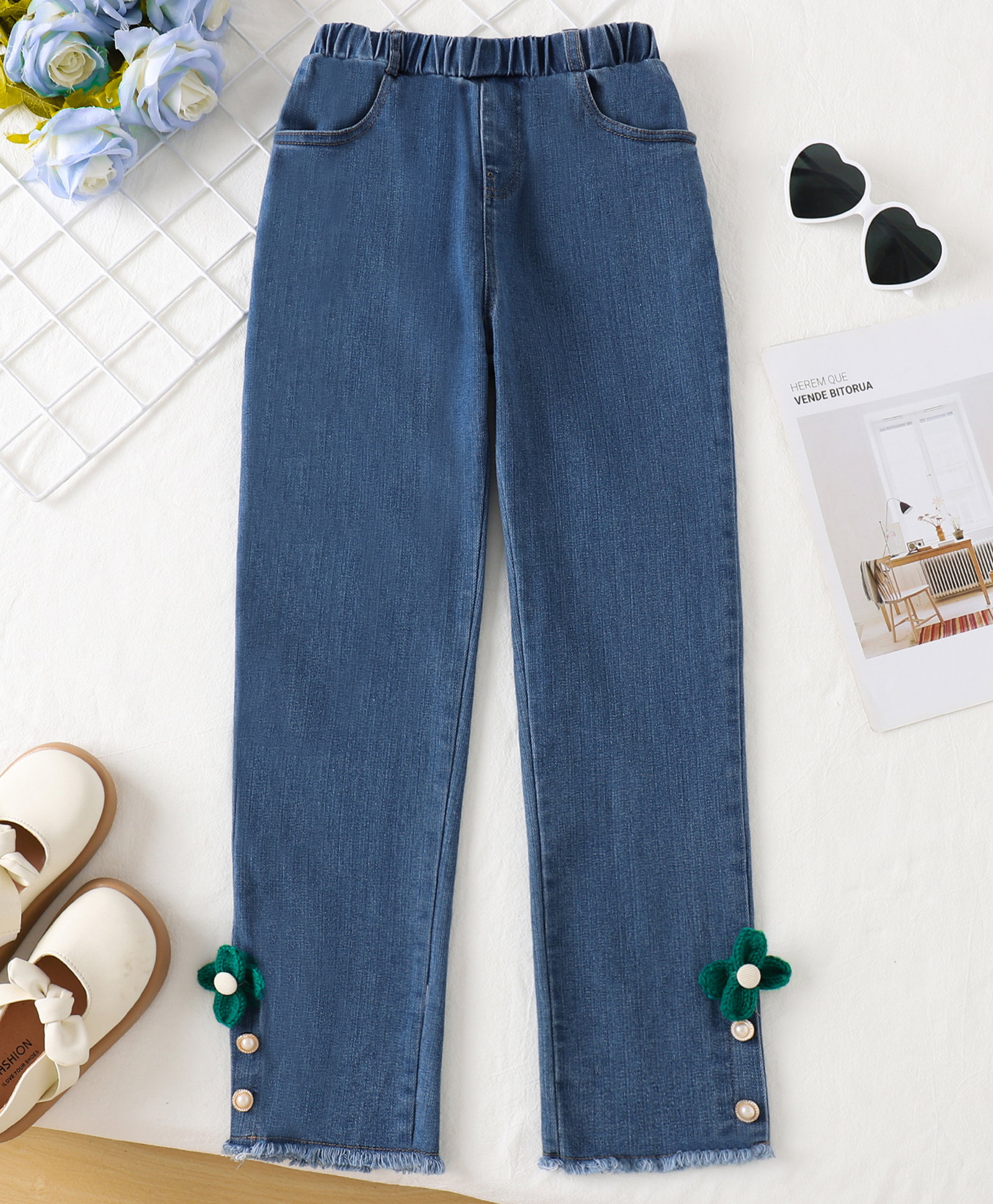 Mark & Mia Full Length Washed Jeans with Floral Applique - Blue-picture-10