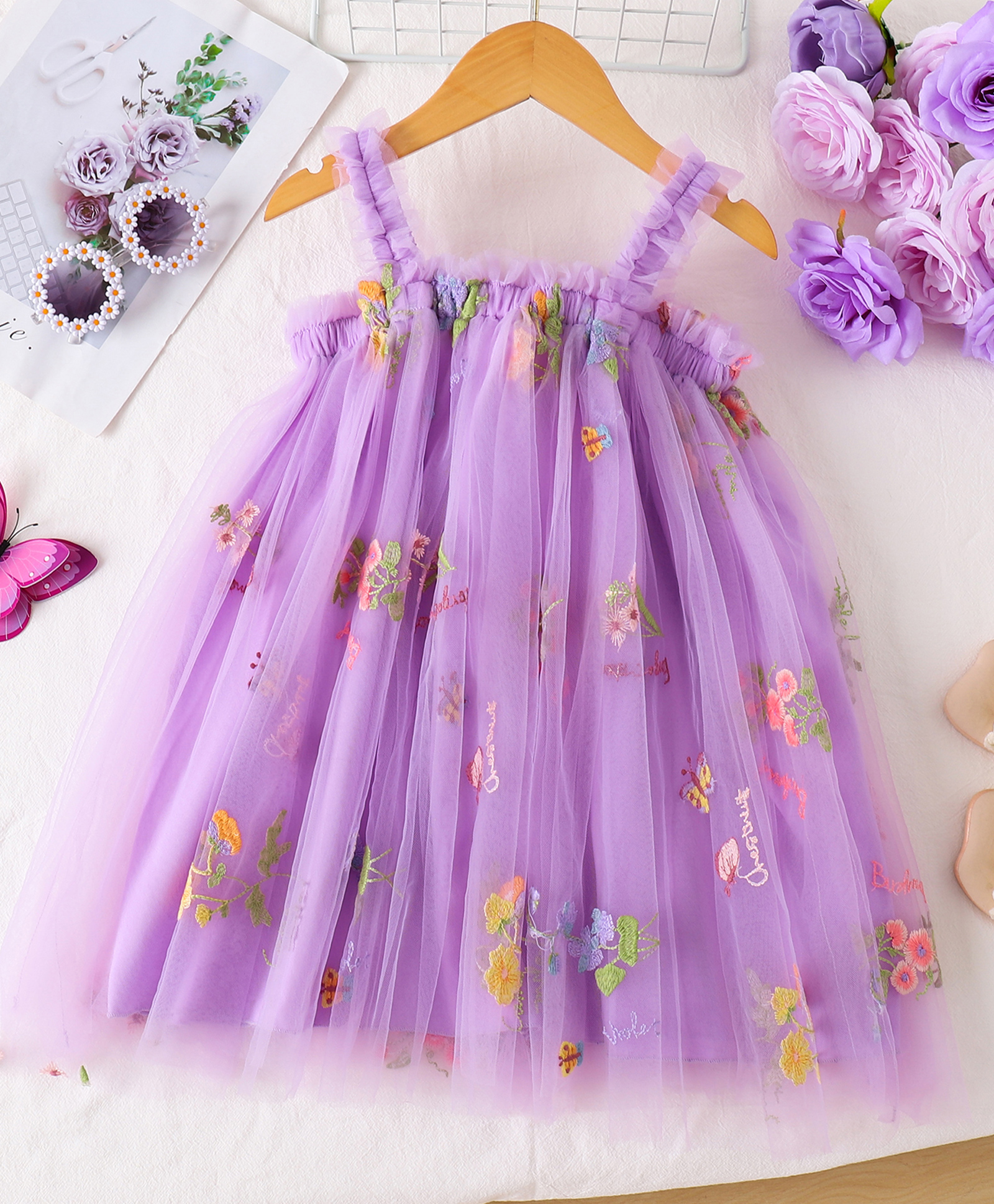 Mark & Mia Sleeveless Floral & Butterfly Embroidered A Line Party Dress - Purple-image-1