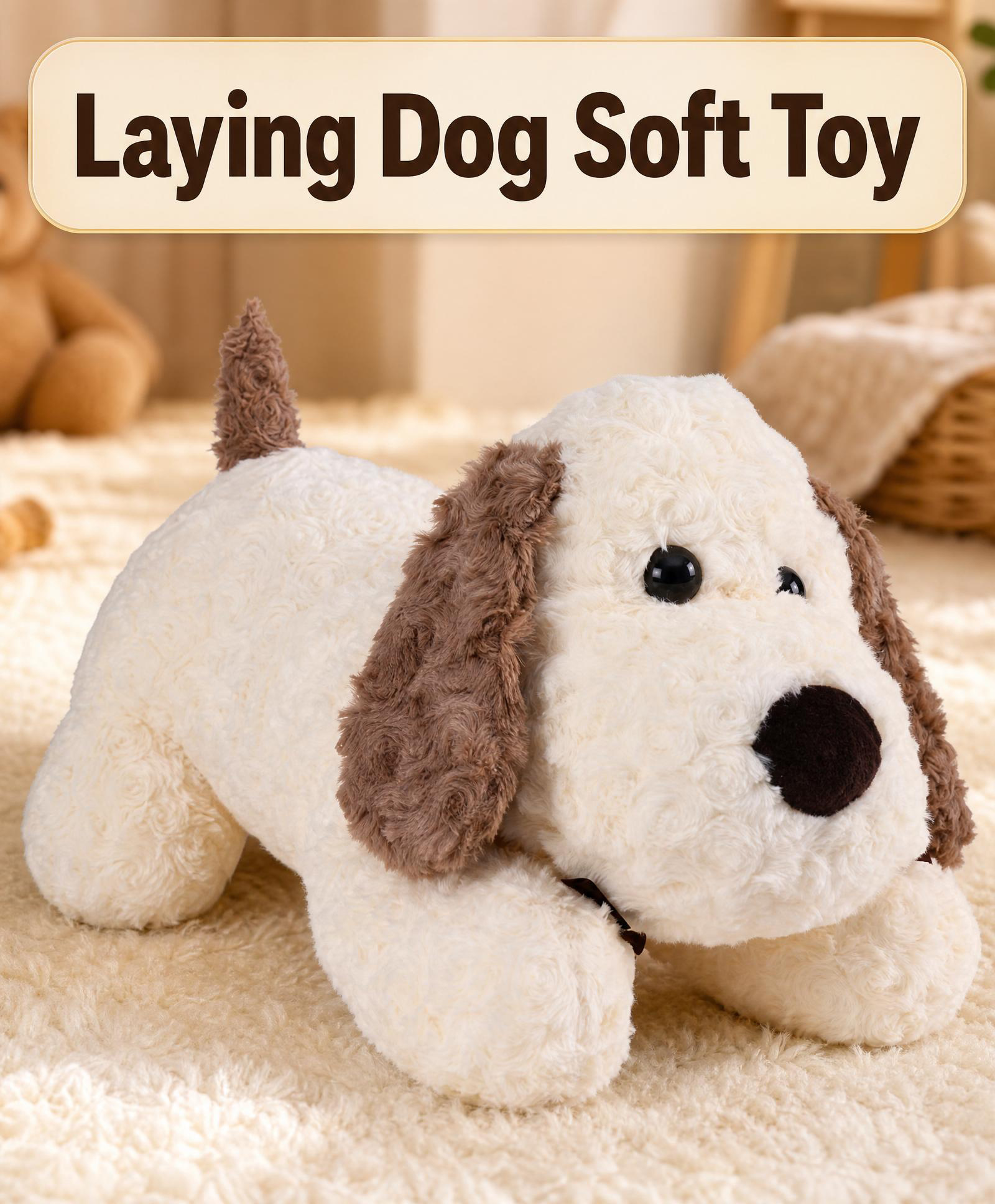 Bonfino Plush Laying Dog Soft Toy 45cm Plush Stuffed Dog| Premium Rose Fabric| Enhances Imagination|Companion for Emotional Support|Perfect for Snuggles, Play & Gifting| BIS Certified - White & Brown-image-18