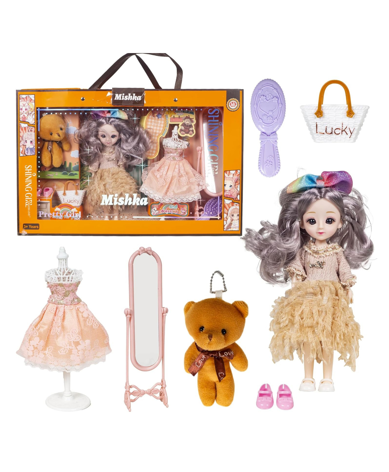 Lumo Brilliant Toys Dolls Set with Makeup Accessories, Cute Doll with Dress, Comb, Mirror and Other Accessories, Pretend Play Toys for Girls, Role Play Toys for Girls (Mishka)-image-21