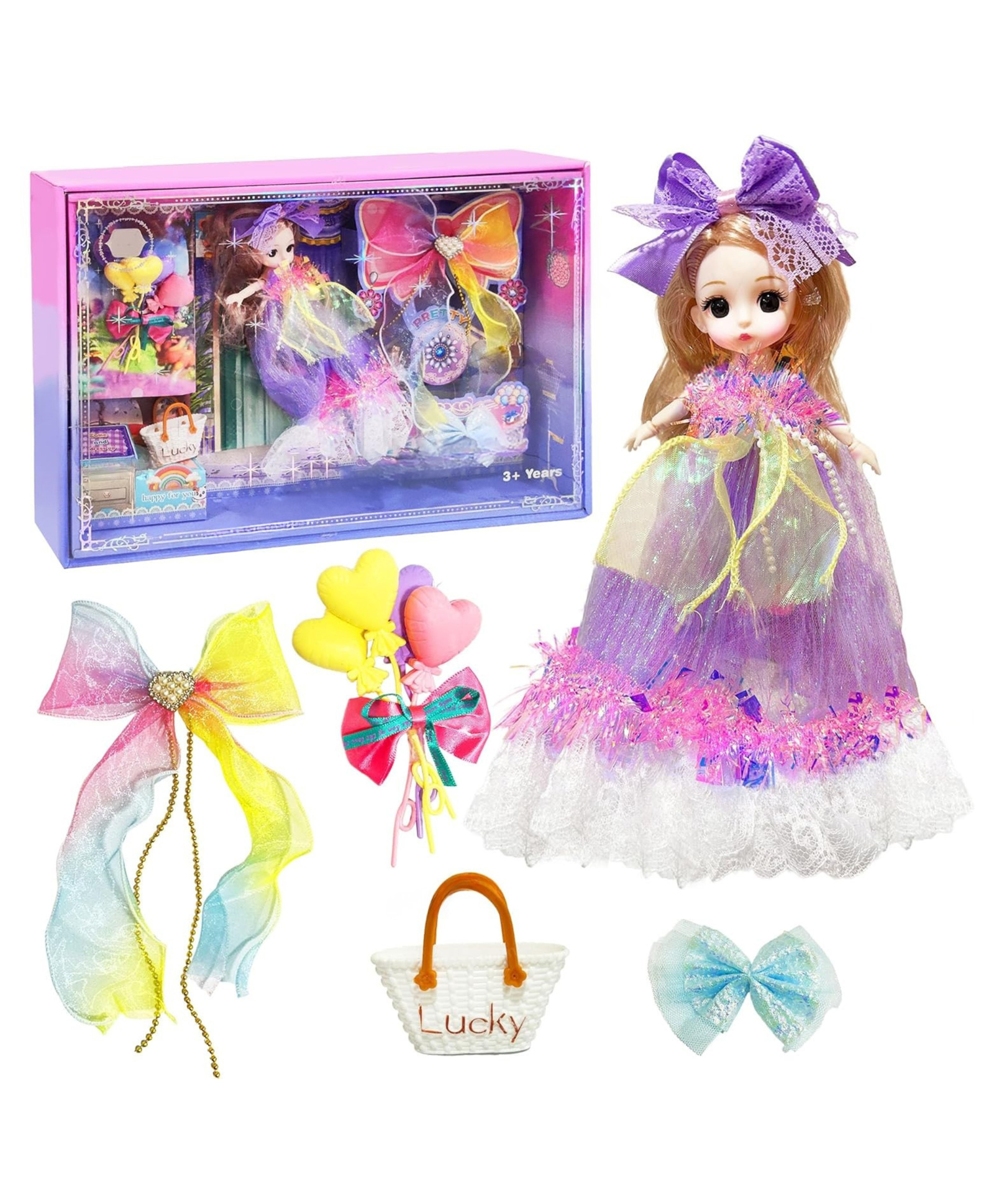Lumo Brilliant Toys Shiny Fashion Doll Set for Kids, Moveable Hands & Legs, Doll with Hair Clips, Balloons & Hand Bag, Pretend Play & Gift Toy for Girls Age 3+ Multicolor - Height 15.5 cm-picture-28