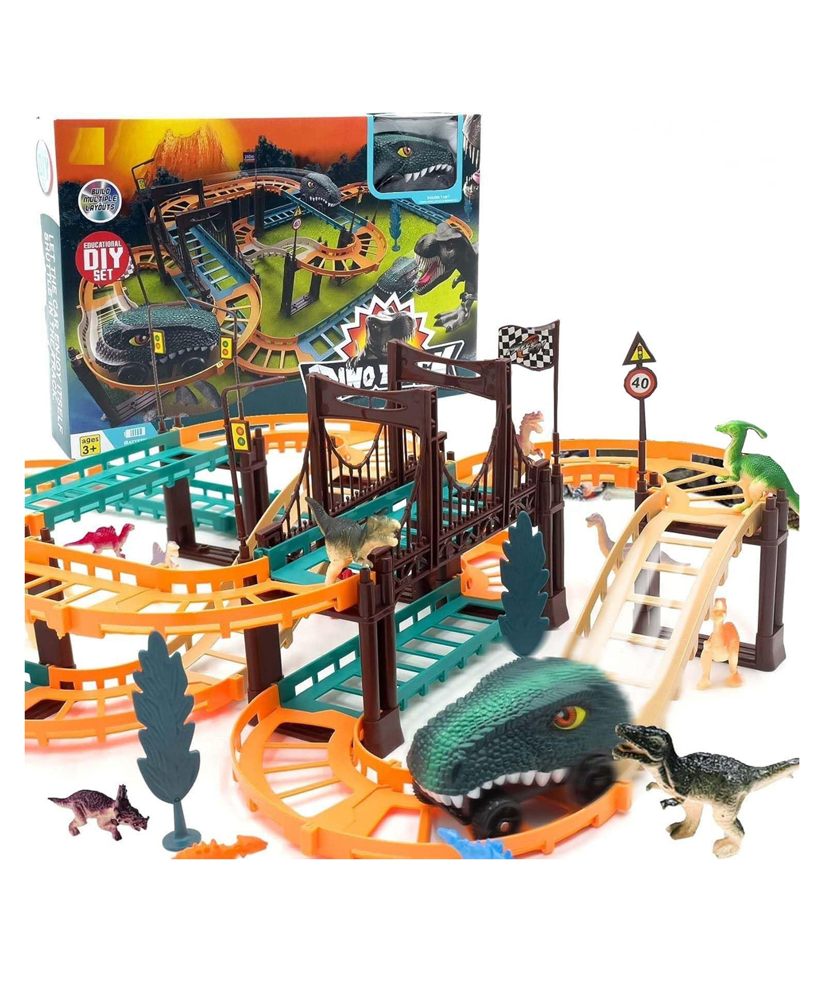Lumo Brilliant Toys DIY Dinosaur Track Set with Battery Operated Dino Car, Creative Racing Track Toy for Kids 3+ Years Multicolor-image-47
