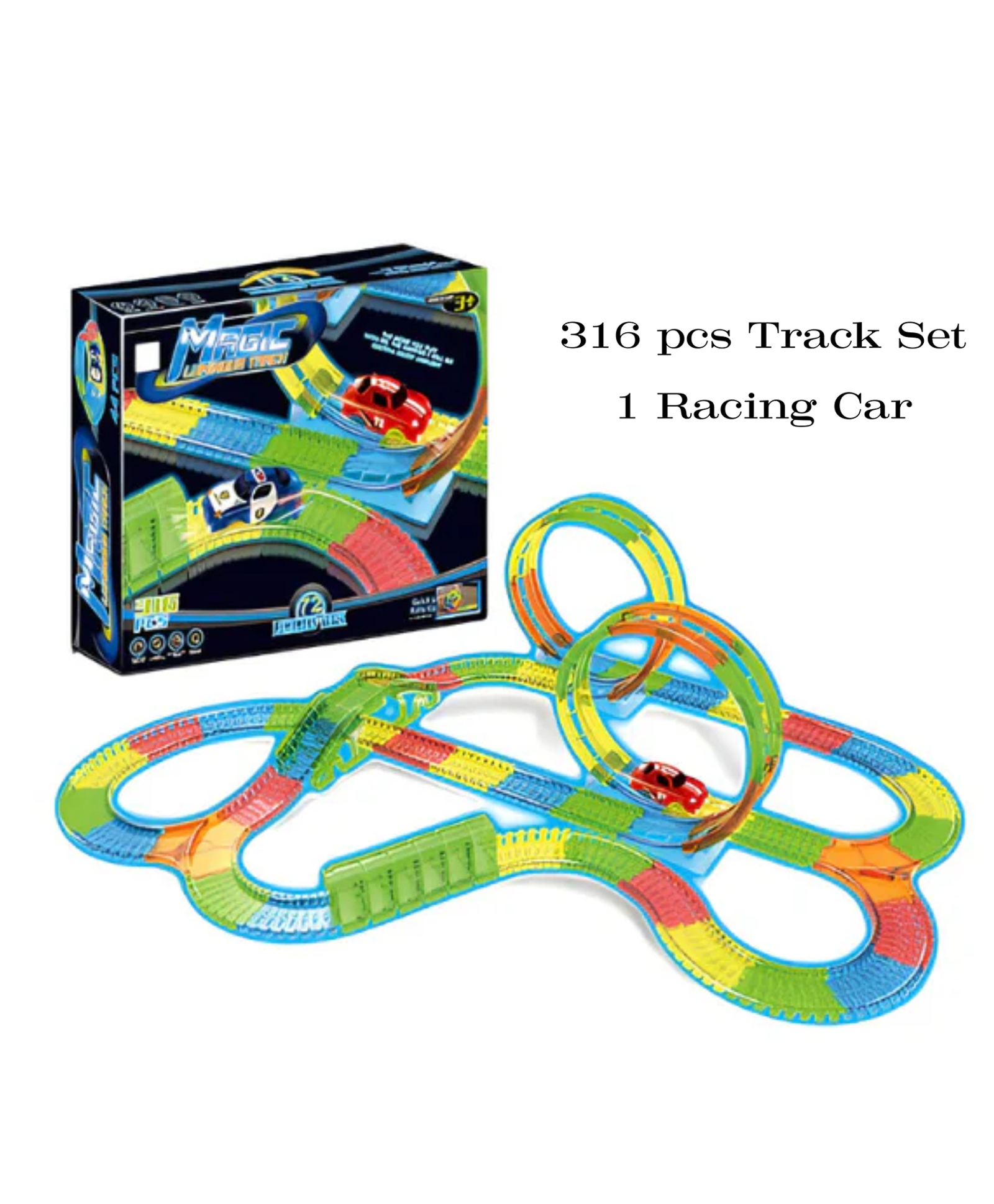 Lumo Briliiant Toys Glow in the Dark Twister Track Set with LED Car | Flexible & Bendable Racing Track Toy (316 Pieces) | DIY Assembling Toy for Kids 3+ Years-image-48