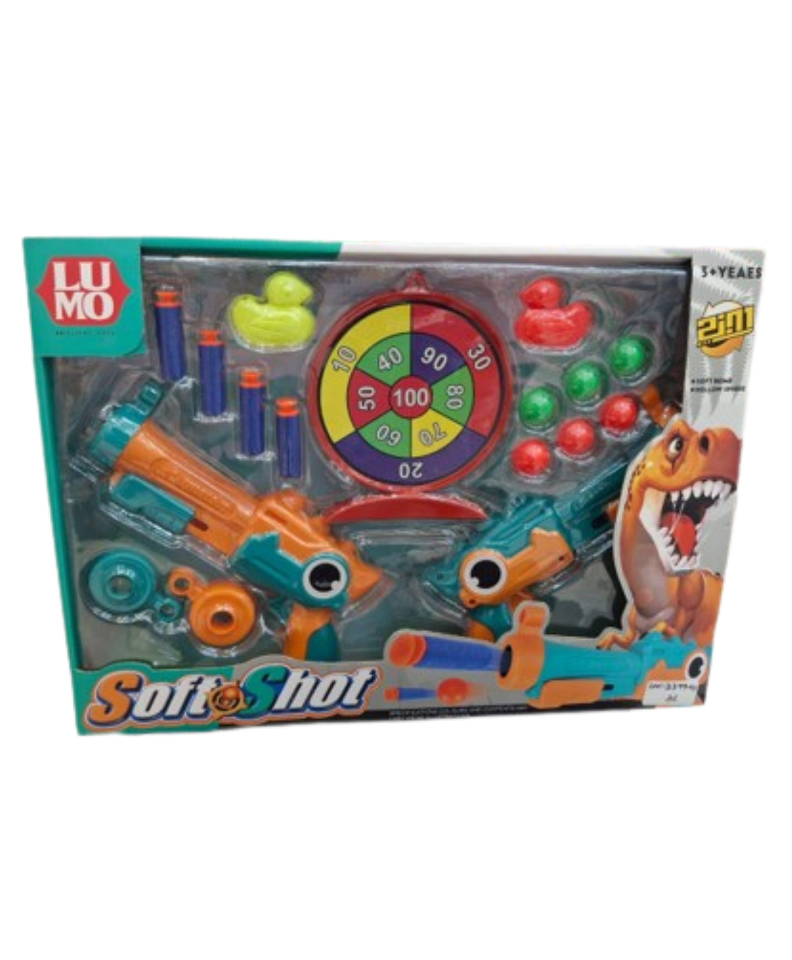Lumo Brilliant Toys 2 in 1 Dinosaur Shaped Soft Shot Double Gun Set with Target Board | Dino Theme Foam Dart & Ball Blaster Toy for Kids | Safe Indoor & Outdoor Shooting Game (Age 3+)-image-11