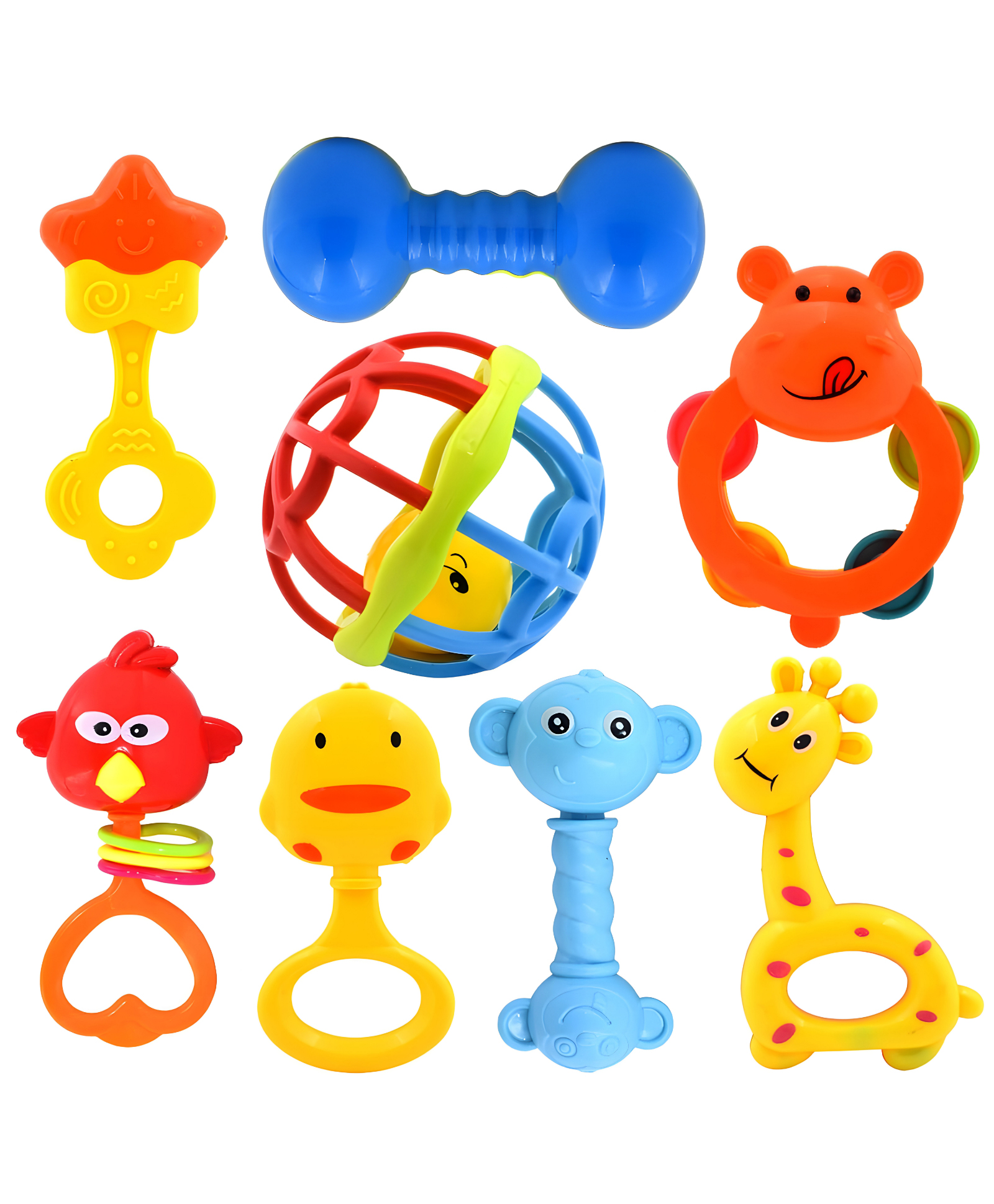 NEGOCIO Colorful Attractive Plastic Non Toxic Set of 8 Shake & Grab Rattle BPA Free for New Born and Infants (Pack of 1, Multicolor)-image-14