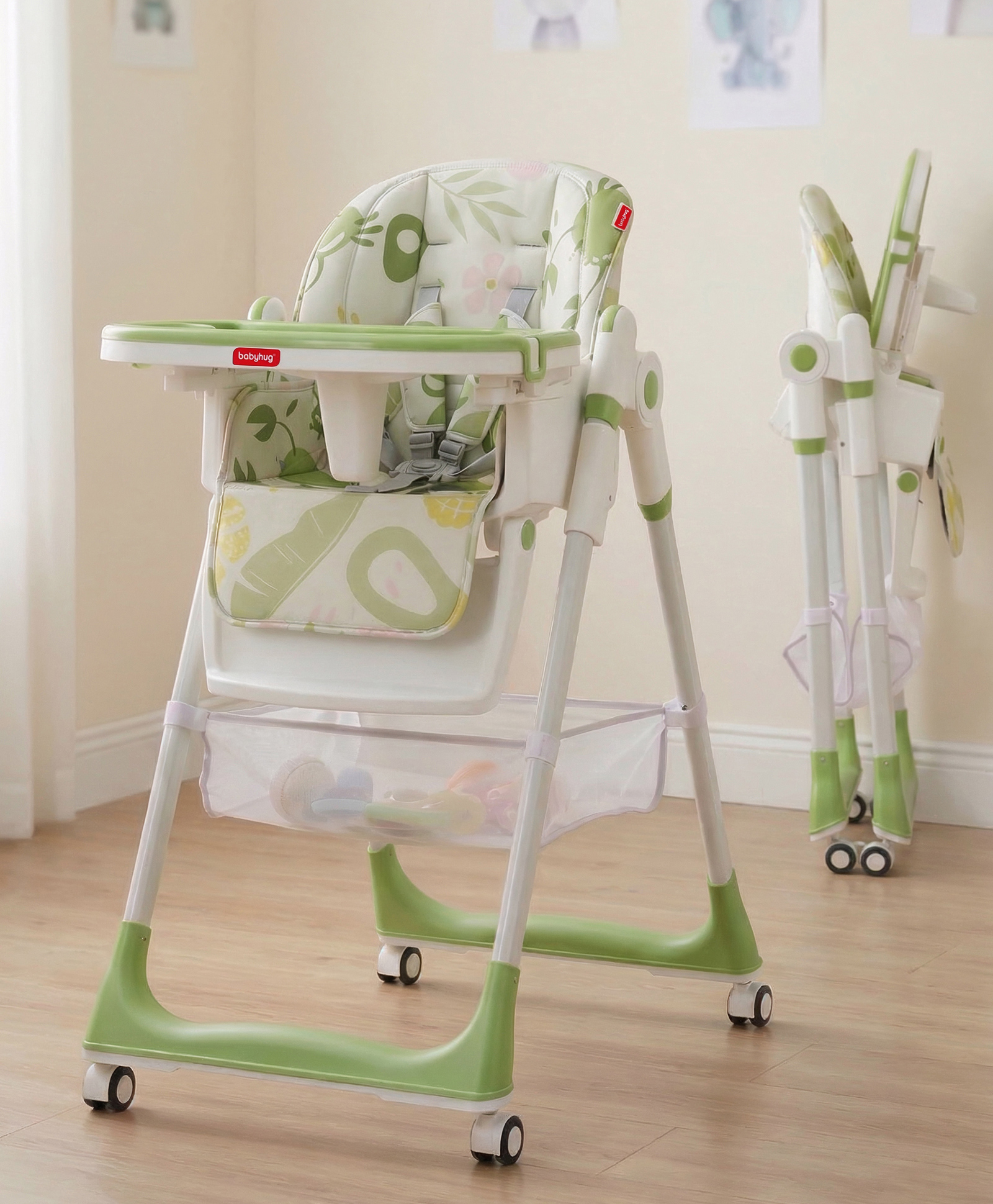 Babyhug 4 in 1 multifunctional Baby High Chair with Adjustable Backrest - Green| Adjustable Footrest & 5 level Seat Height| Compact Fold| Swivel Wheels with Lock|Double Food Tray| Removable PU Cushion
