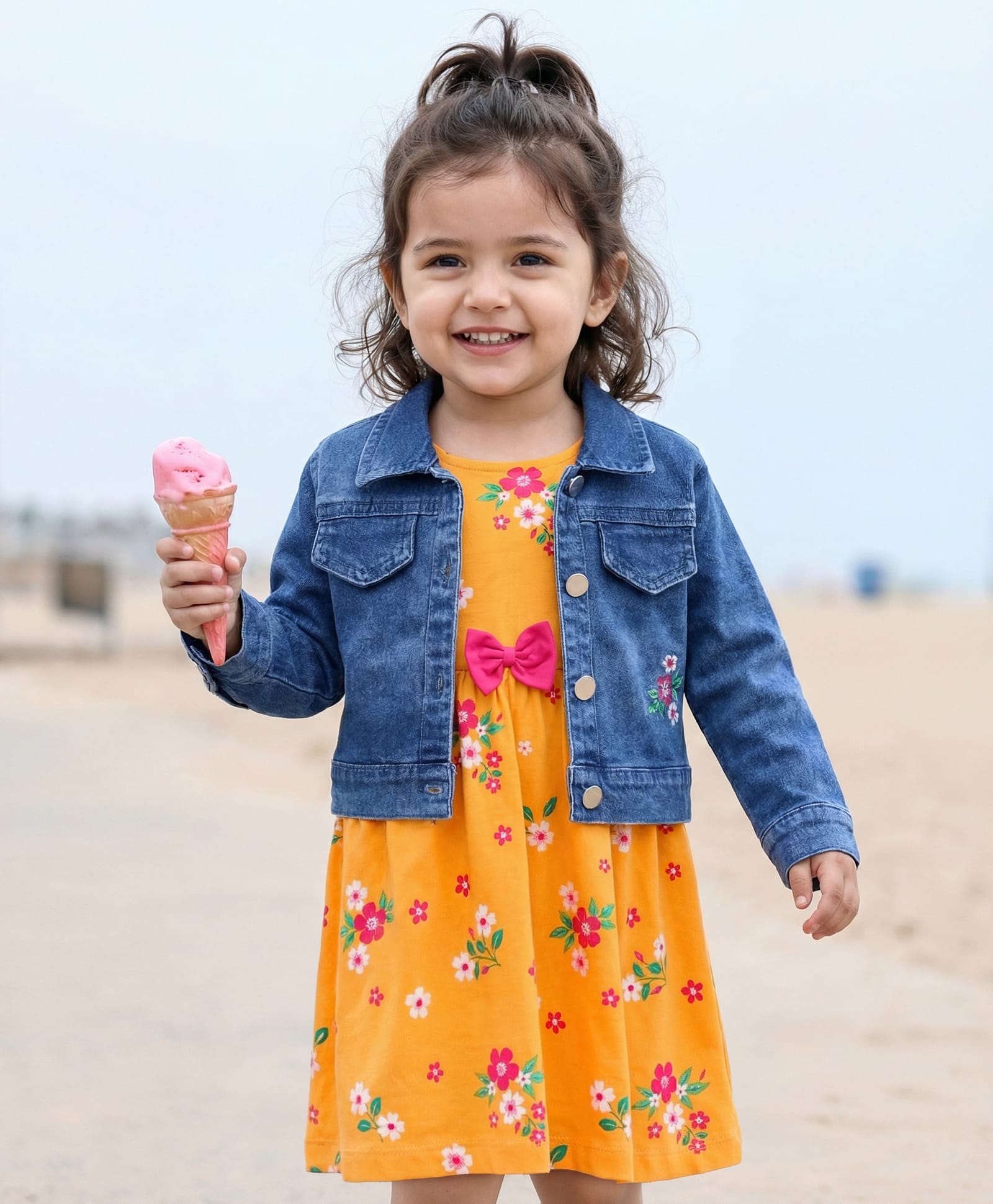 Babyhug 100% Cotton Knit Floral Printed Frock with Full Sleeves Denim Jacket - Yellow & Blue-image-31