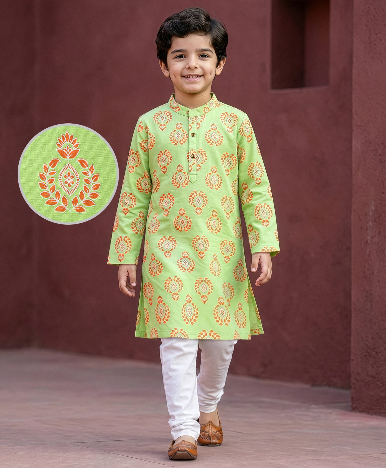 EARTHY TOUCH Cotton Knit Full Sleeves Kurta Pajama Set with Floral Print - Lime Green-image-13