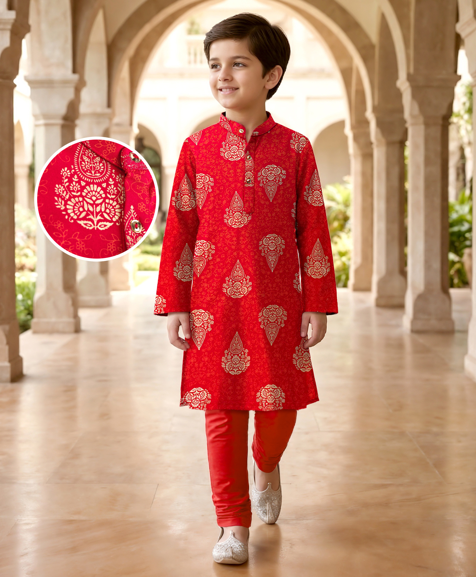 EARTHY TOUCH Cotton Knit Full Sleeves Kurta Pajama Set with Floral Glitter Print - Red-image-19