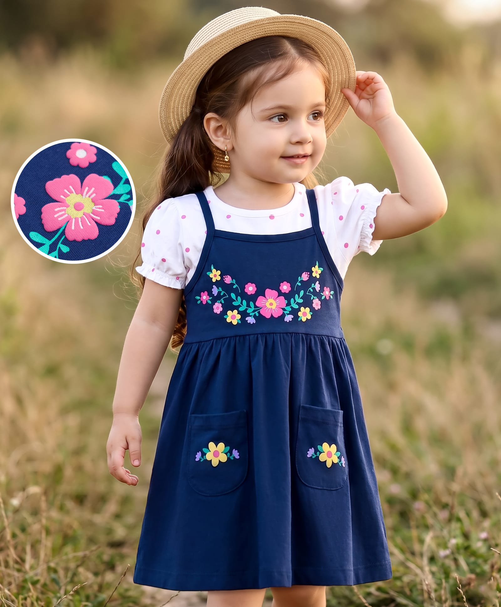 Babyhug 100% Cotton Knit Half Sleeves Floral & Polka Dots Printed Frock With Inner Tee - Navy Blue-image-23