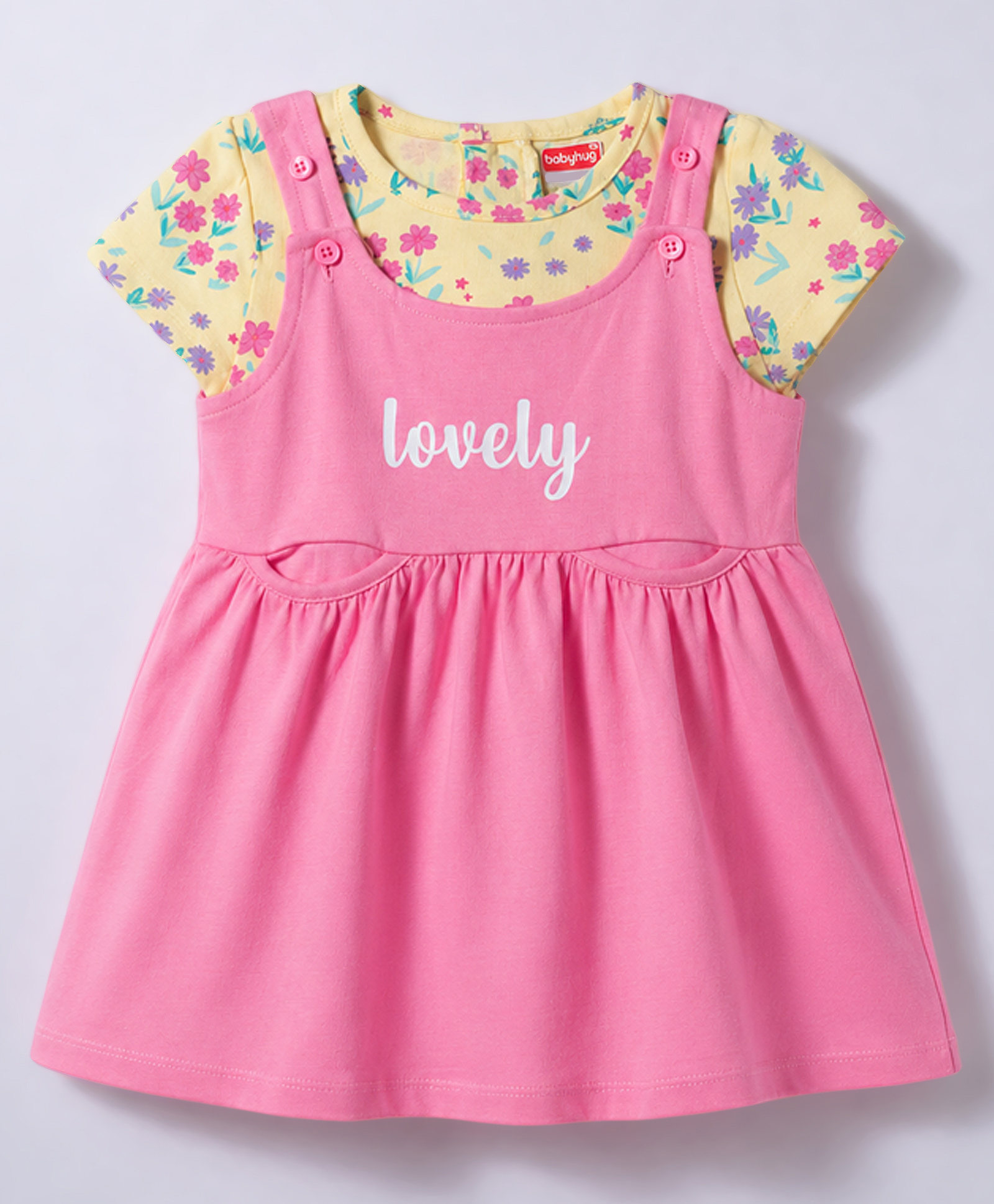 Babyhug Knit Half Sleeves Floral Printed Frock With Inner Tee - Pink-image-16