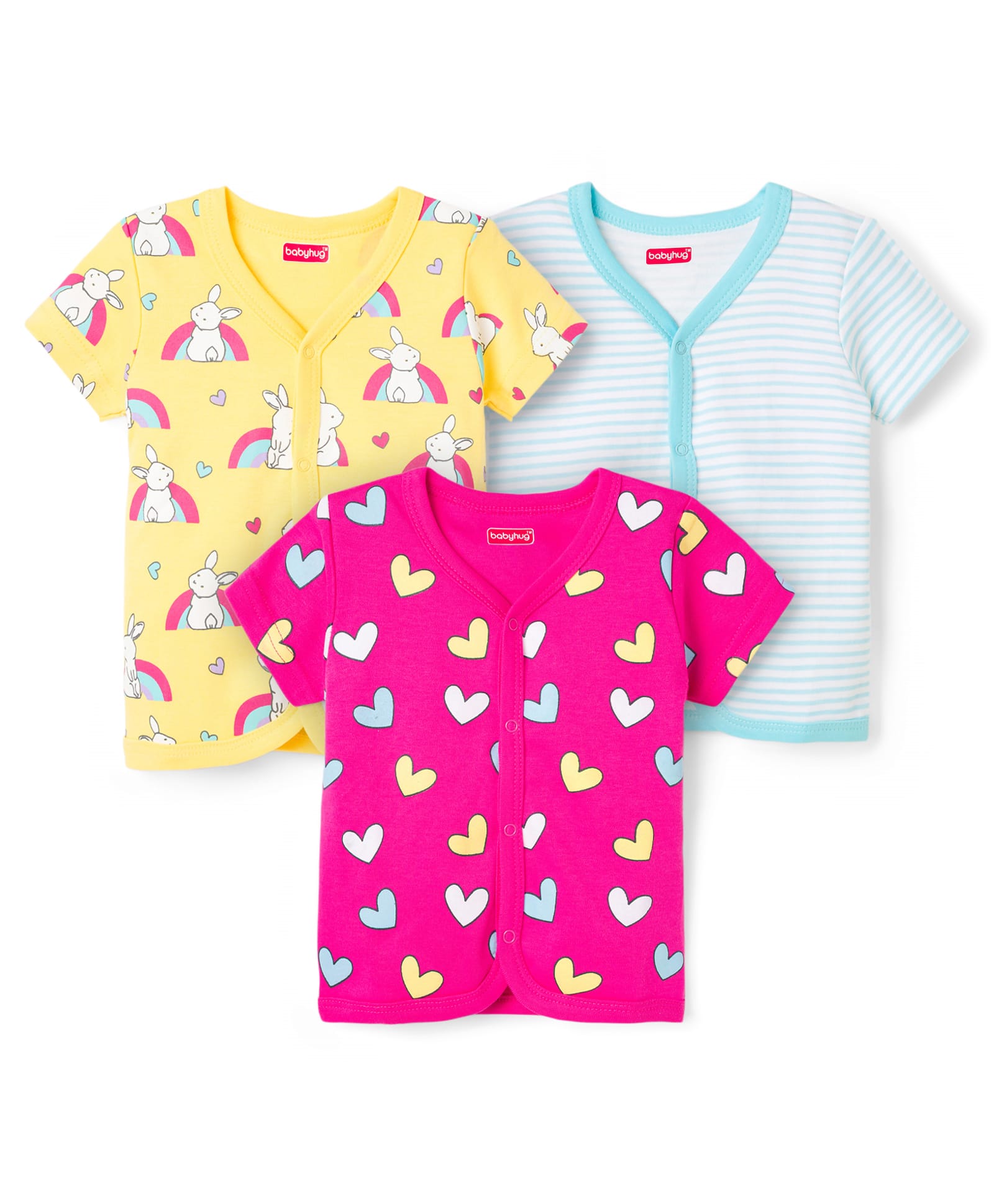 Babyhug 100% Cotton Knit Antibacterial Jhablas With Bunny Heart & Floral Print Pack of 3 - Multicolor-picture-27