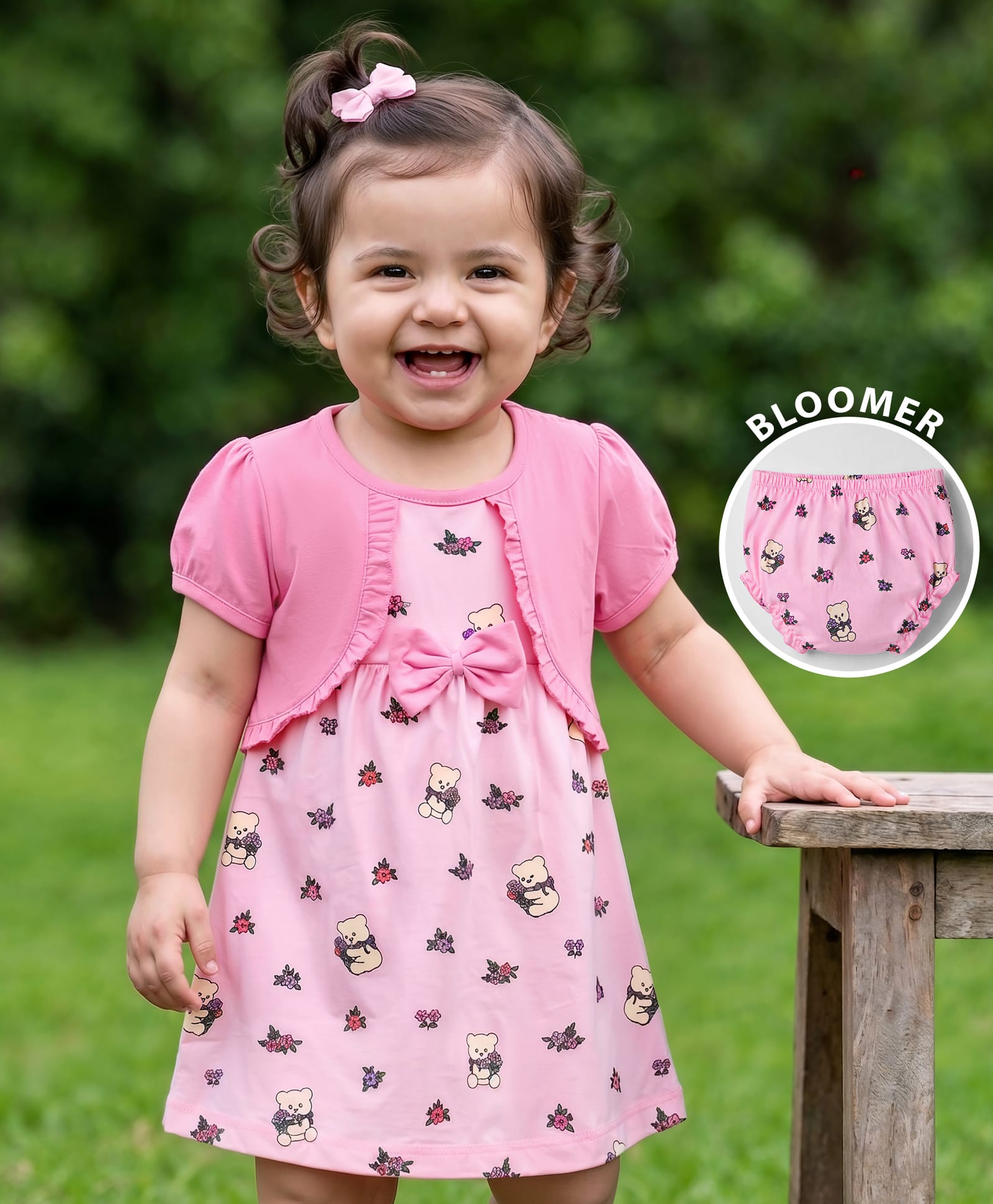 Babyhug Single Jersey Knit Half Sleeves Frock with Teddy & Floral Print & Bloomer - Pink-image-14