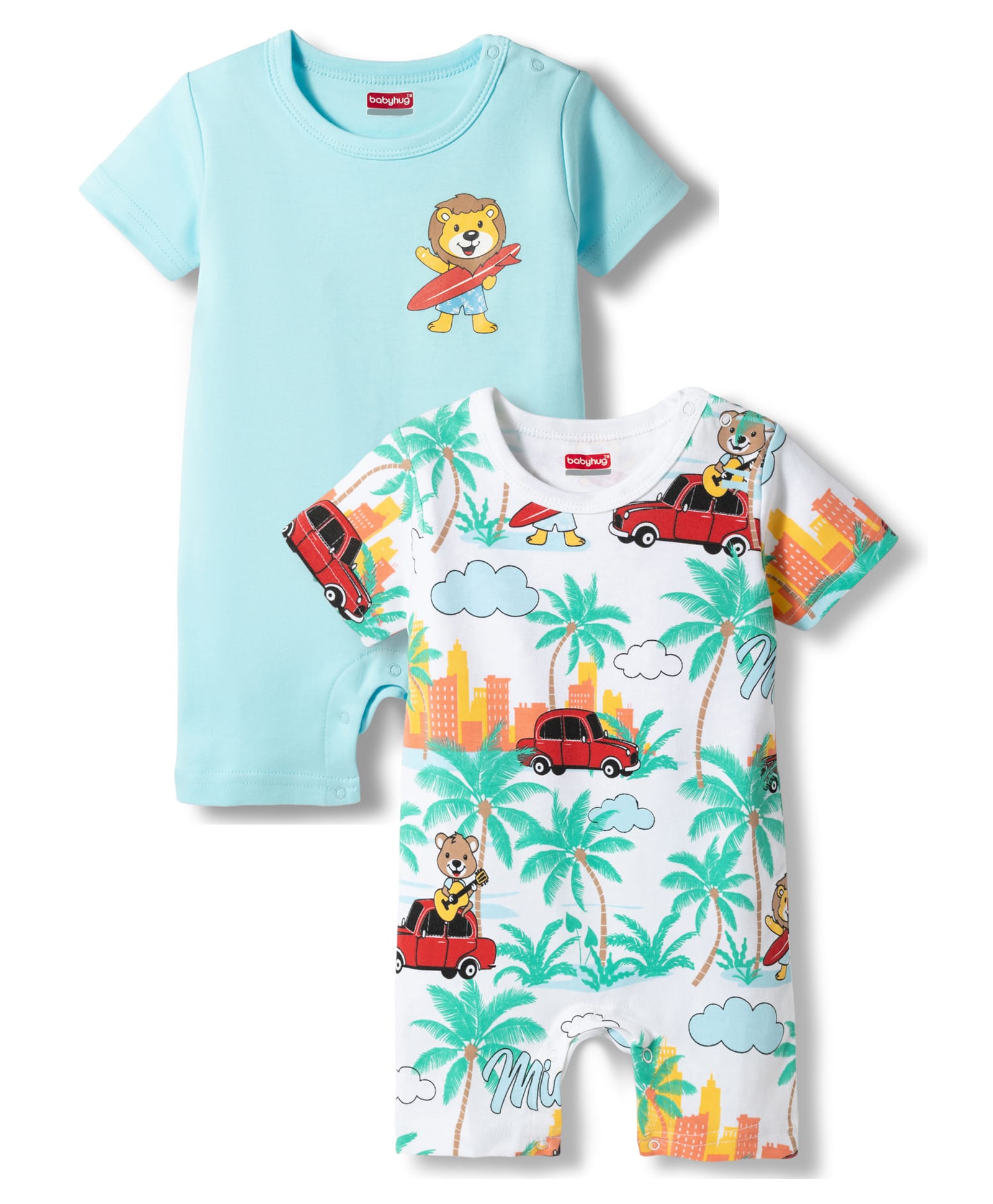 Babyhug 100% Cotton Knit Half Sleeves Rompers with Miami Print Pack of 2 - Multicolor-image-17