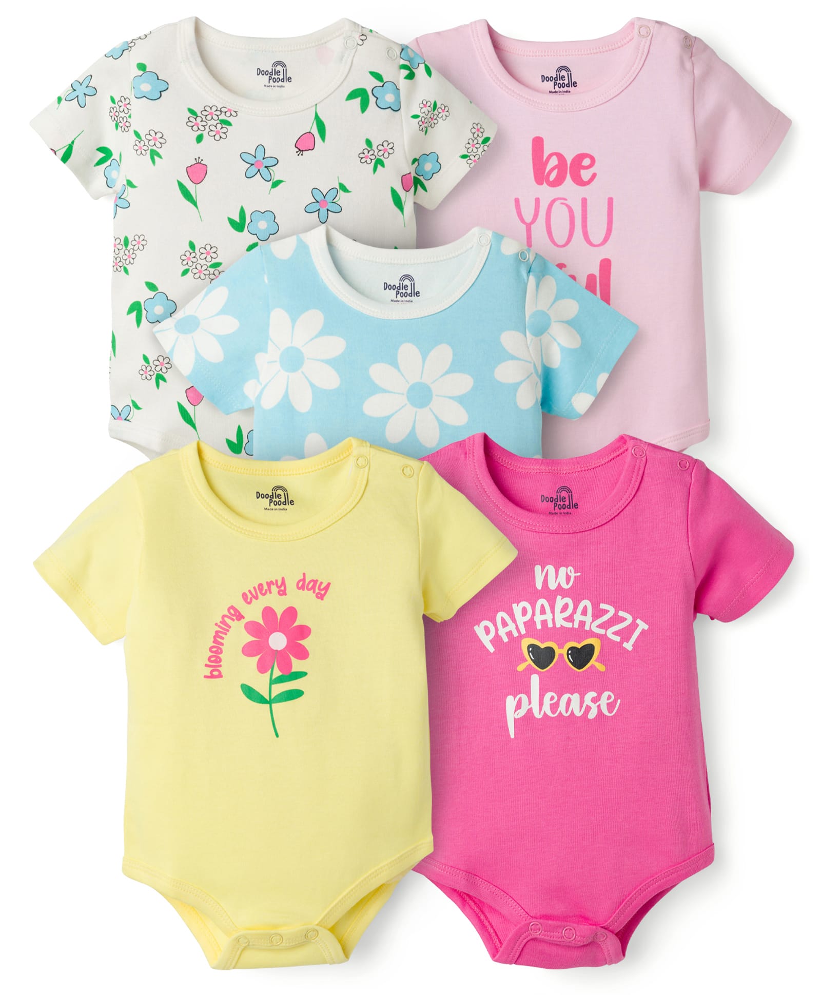 Doodle Poodle 100% Cotton Knit Half Sleeves Floral Printed Onesies Pack Of 5 - Multicolour-image-47