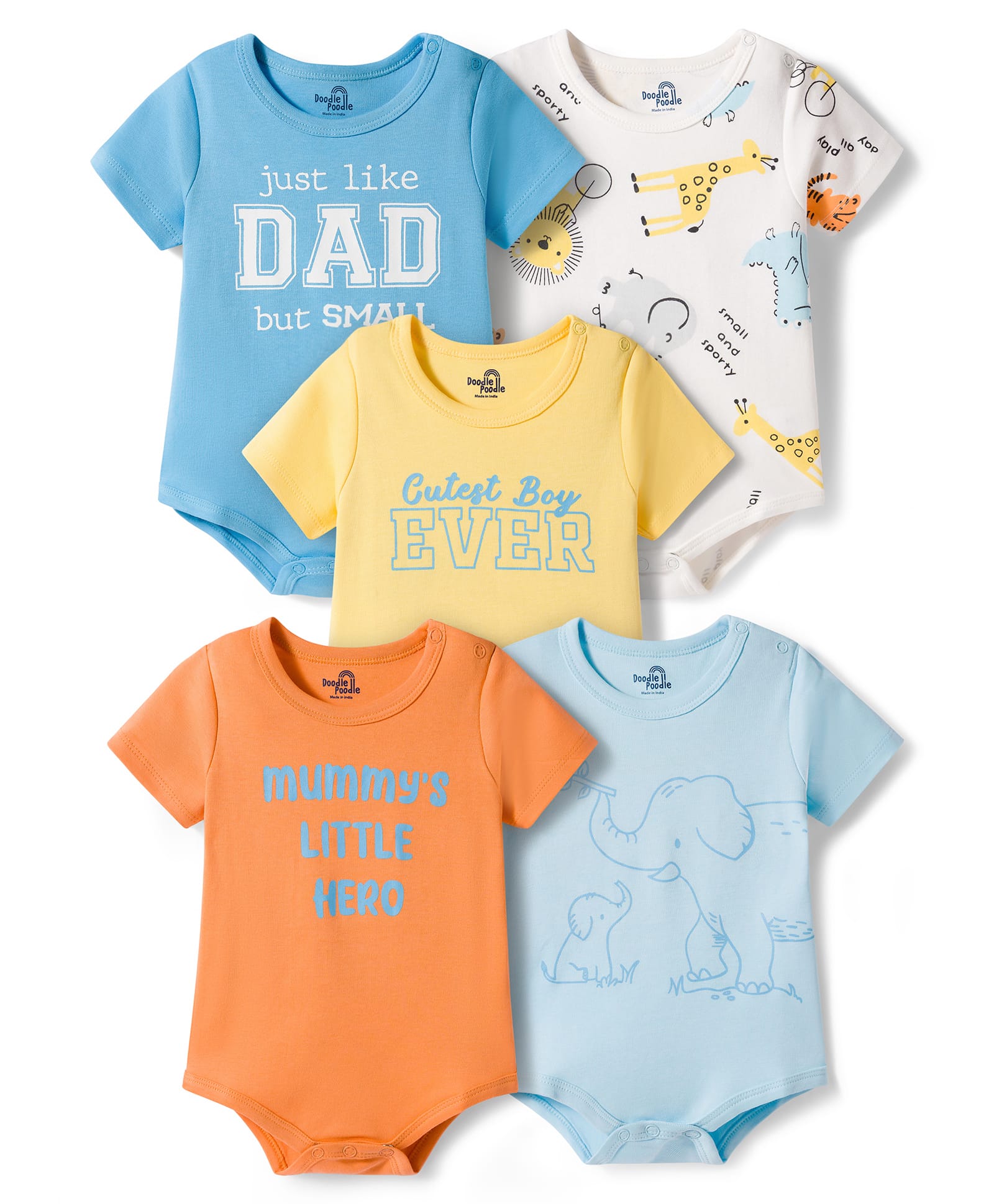 Doodle Poodle 100% Cotton Knit Half Sleeves Animal & Text Printed Onesies Pack of 5 - Multicolor-picture-44