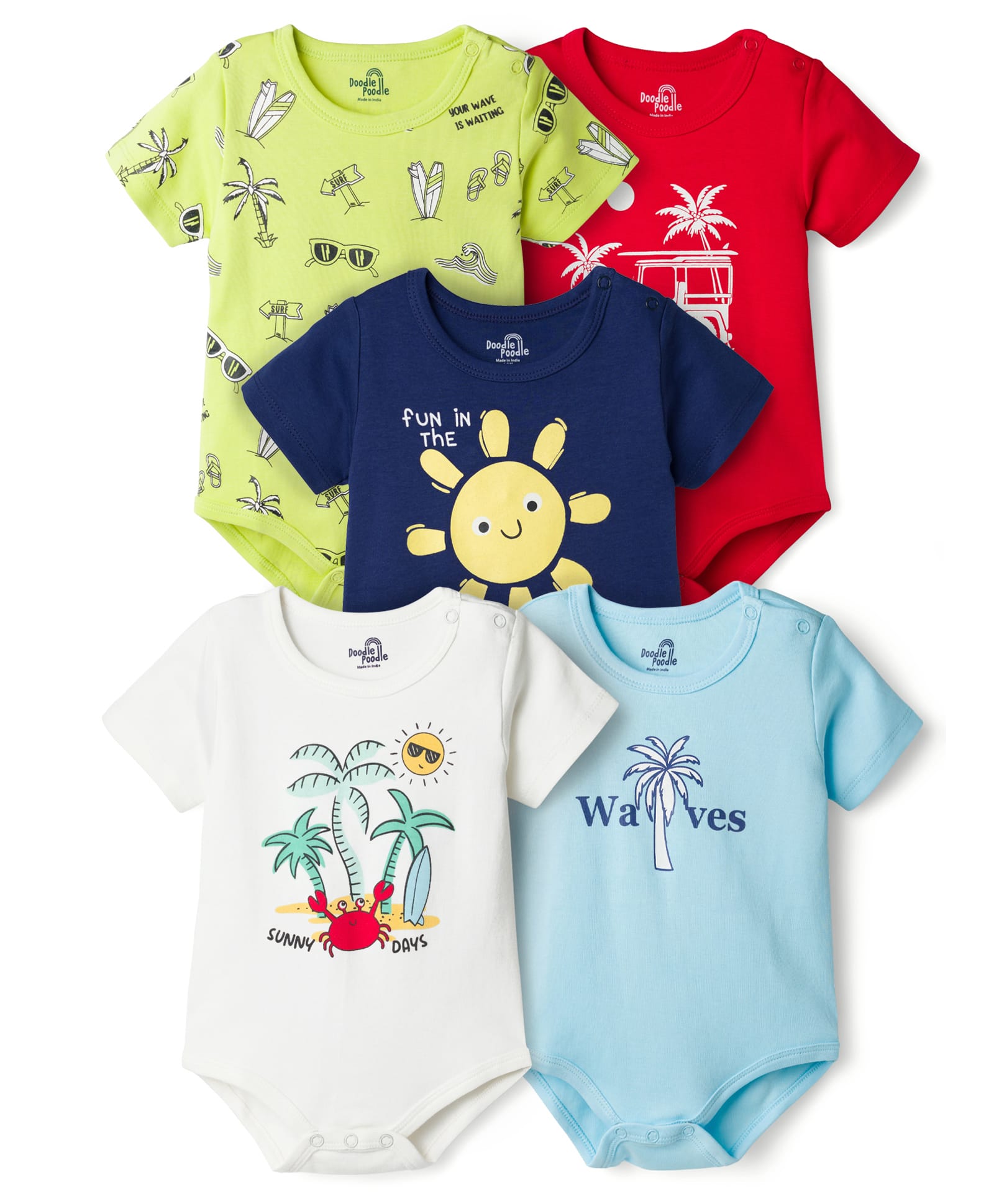 Doodle Poodle 100% Cotton Knit Half Sleeves Beach Theme Printed Onesies Pack Of 5 - Multicolour-picture-47