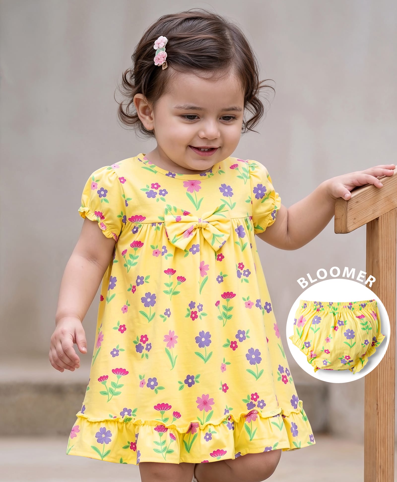 Babyhug Single Jersey Knit Half Sleeves Floral Printed Frock with Bloomer & Bow Applique - Yellow-image-15