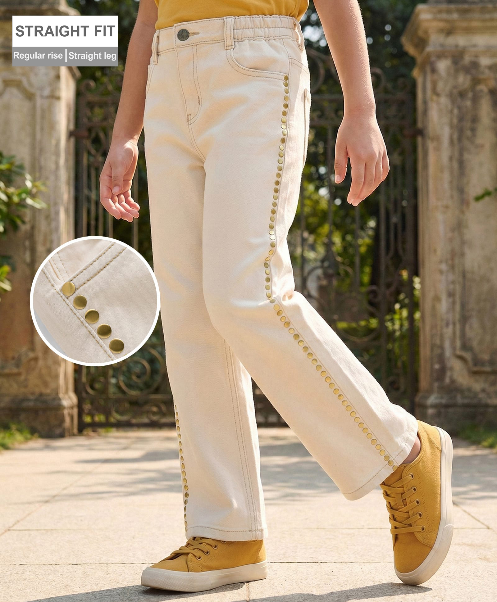 Arias Denim Full Length Straight Fit Jeans With Golden Studs- Beige-image-32