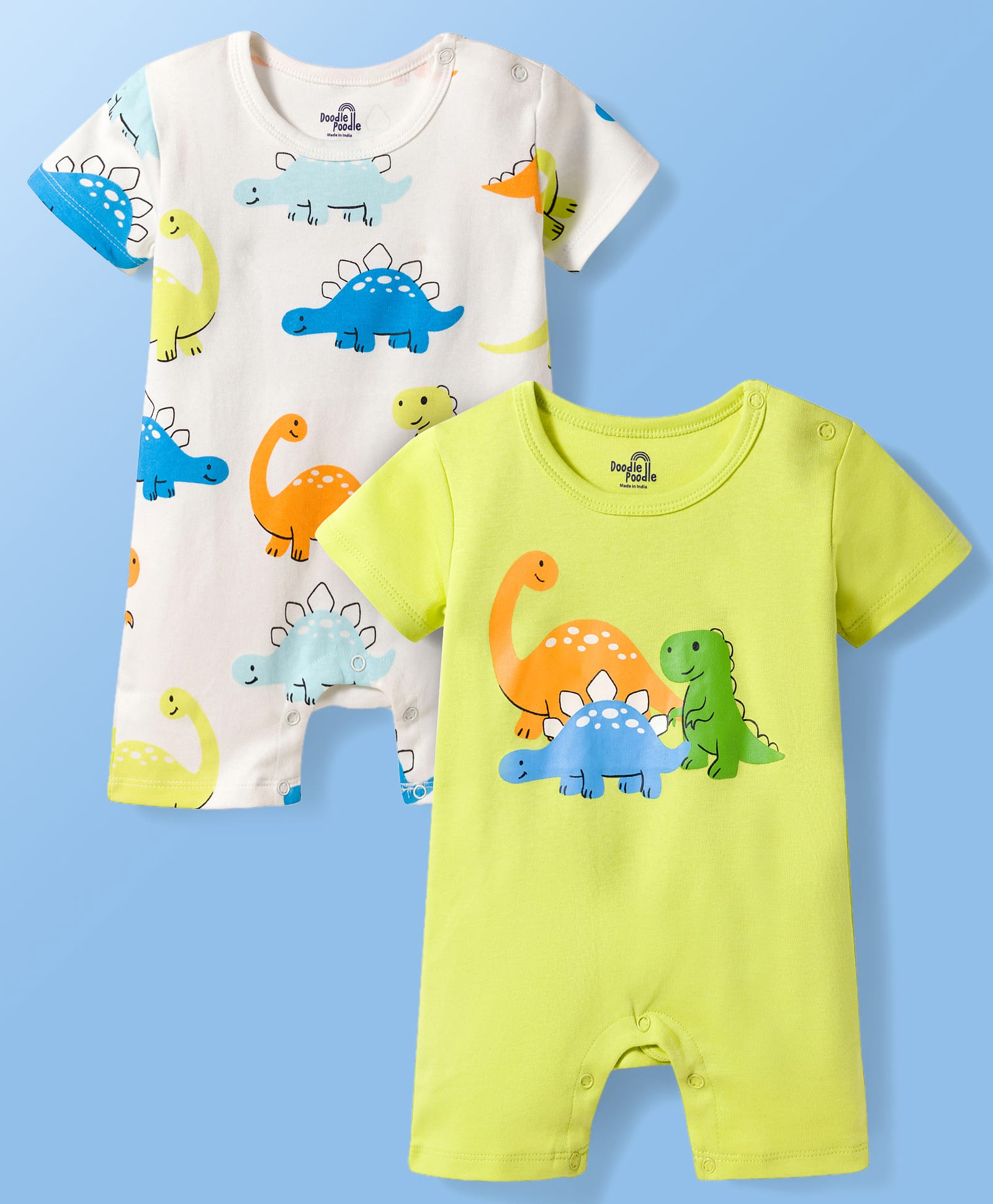 Doodle Poodle 100% Cotton Knit Half Sleeves Dino Printed Rompers Pack of 2 - White & Green-image-19