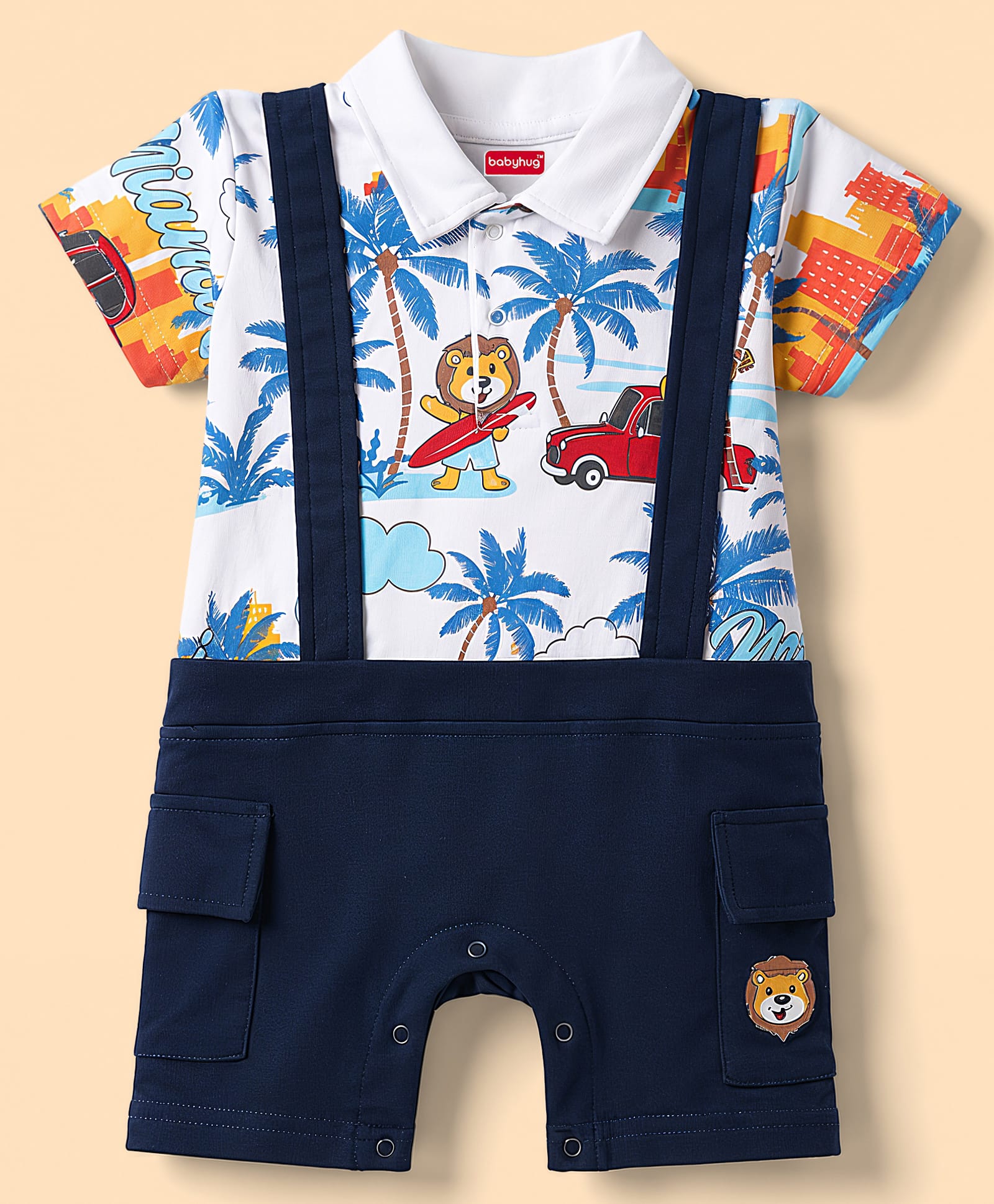 Babyhug 100% Cotton Interlock Knit Half Sleeves Romper With Tropical Print - Blue-image-9