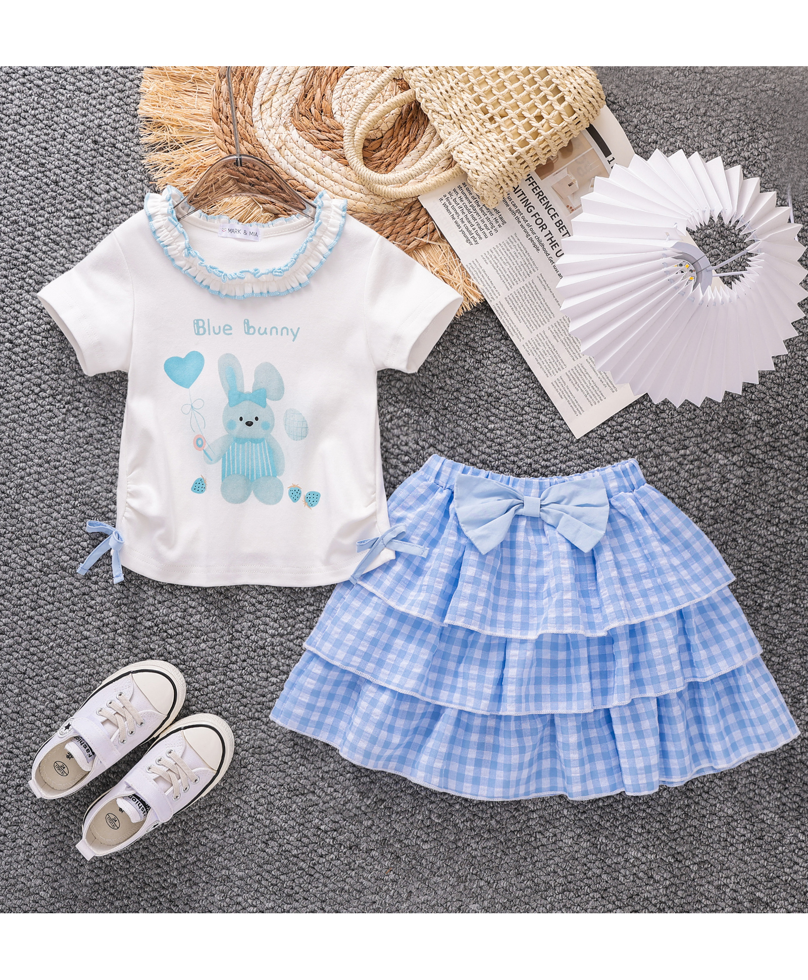 Mark & Mia Cotton Half Sleeves Top & Checkered Skirt Set with Bunny Print & Bow Applique - Cream & Light Blue-image-21
